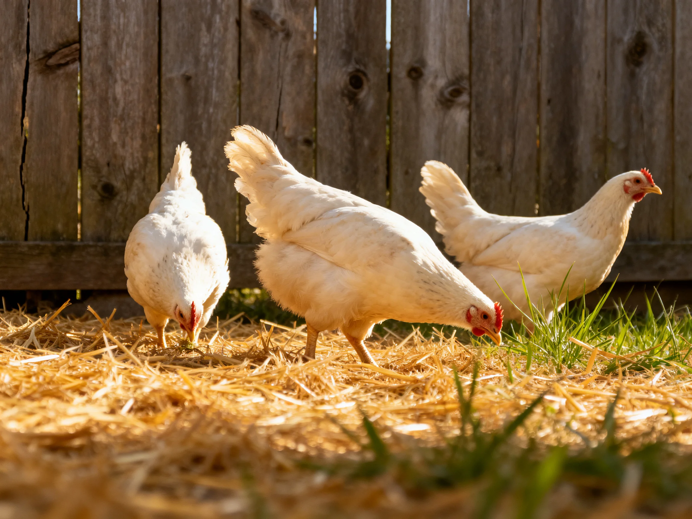 Three white chickens pecking at straw near a weathered wooden fence