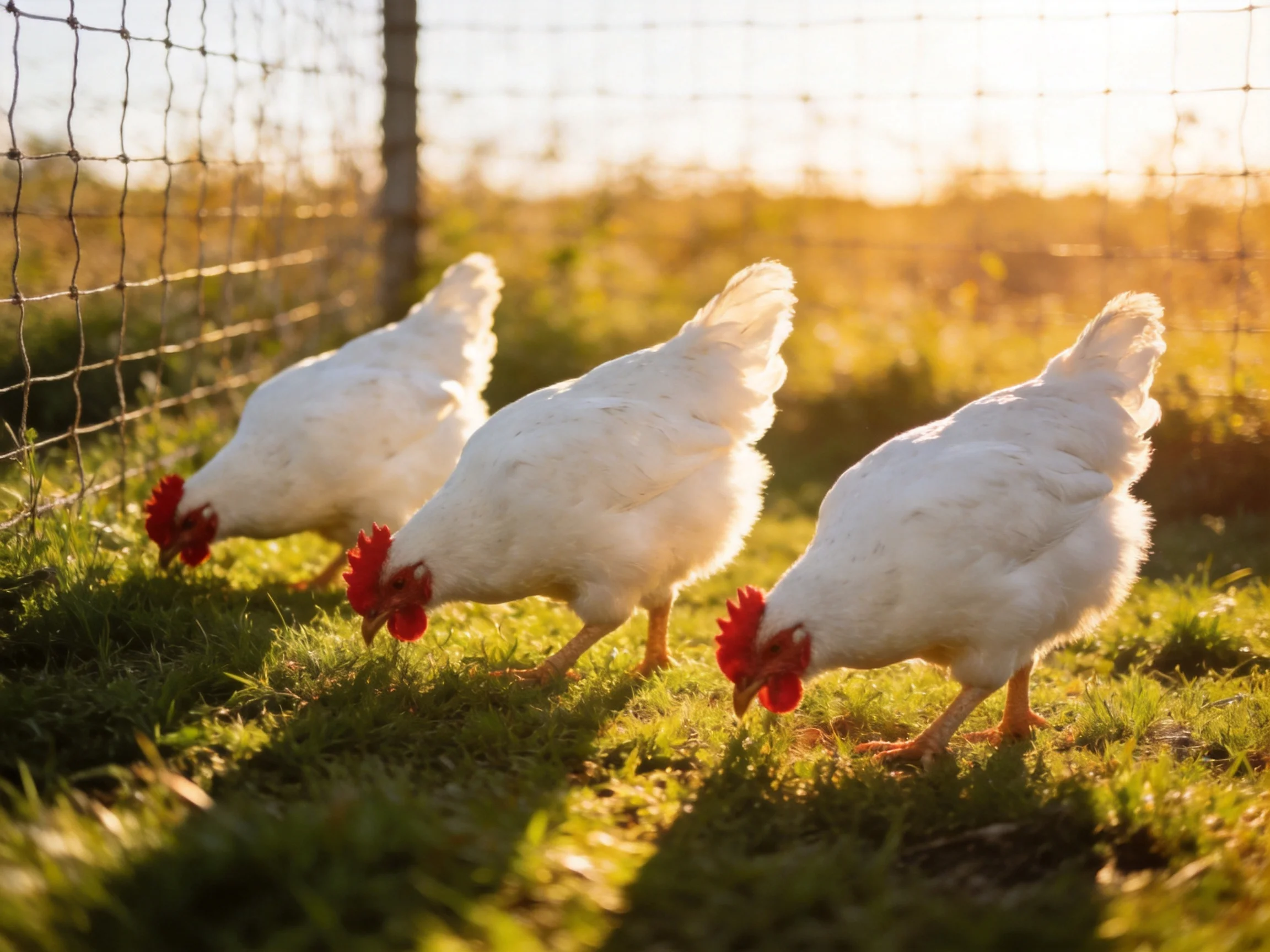 Three white chickens pecking near a wire fence in golden sunlight