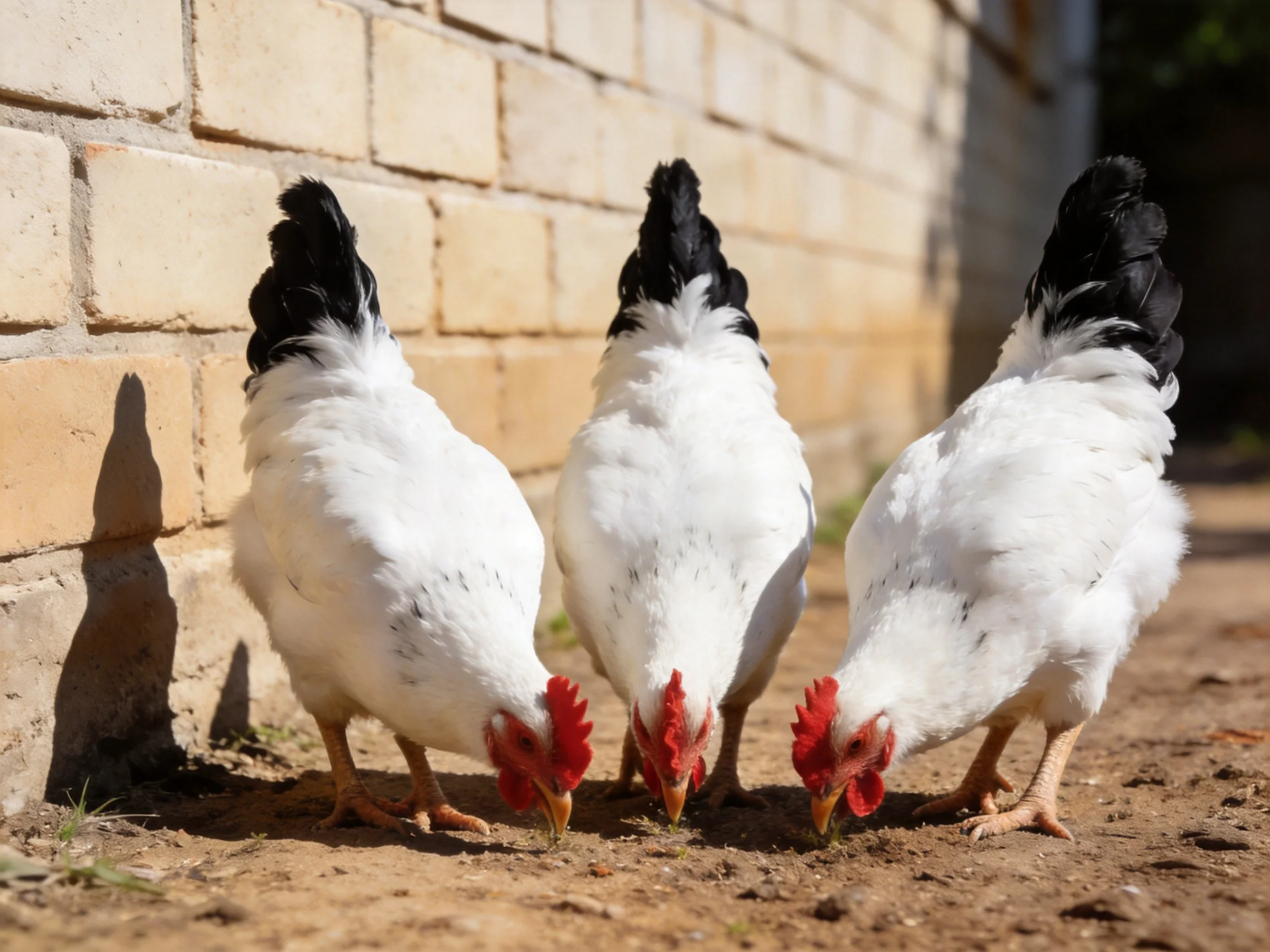 Three white chickens with black tails pecking near a beige brick wall