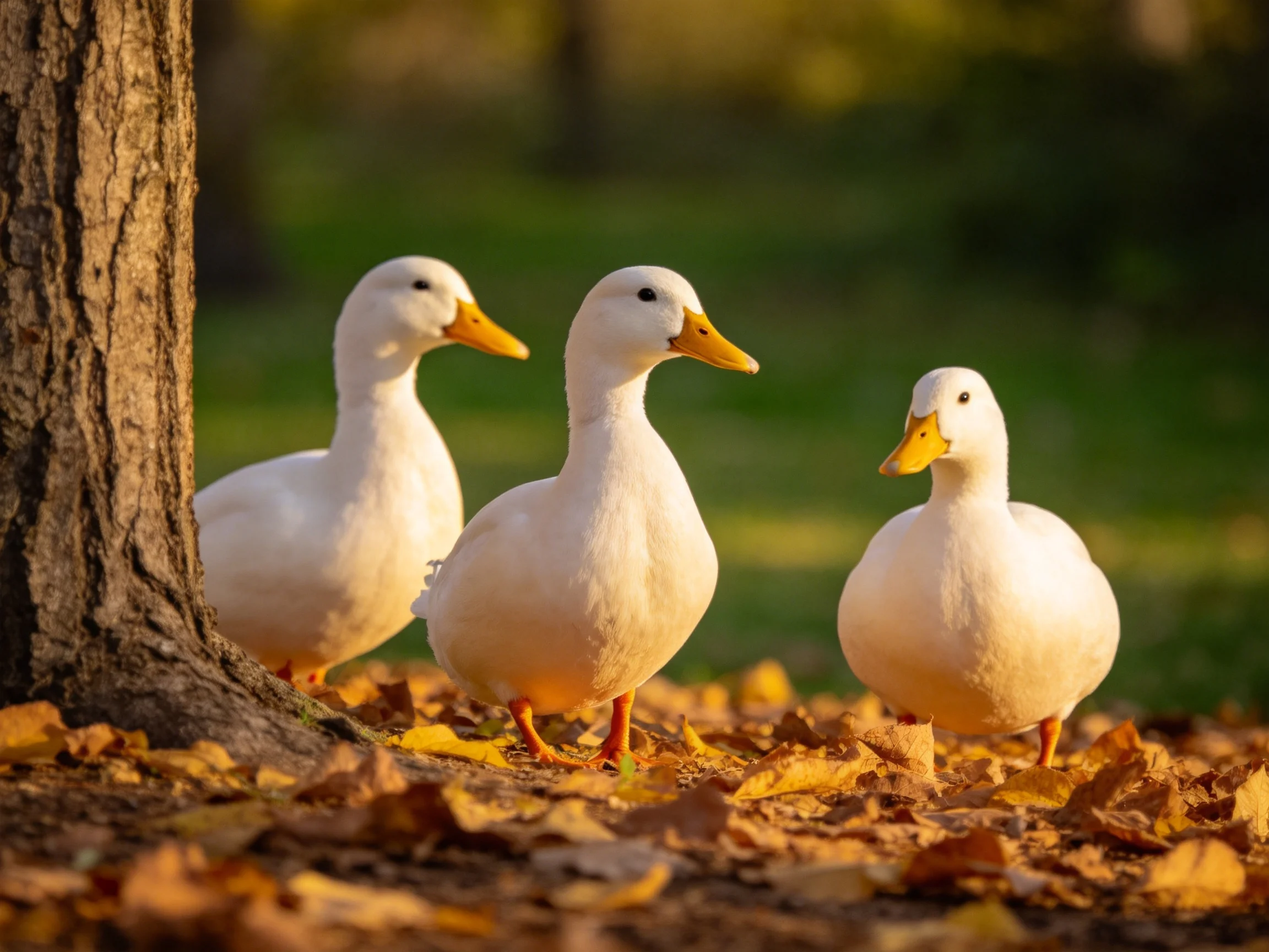 Three white ducks with yellow beaks near a tree among fallen autumn leaves