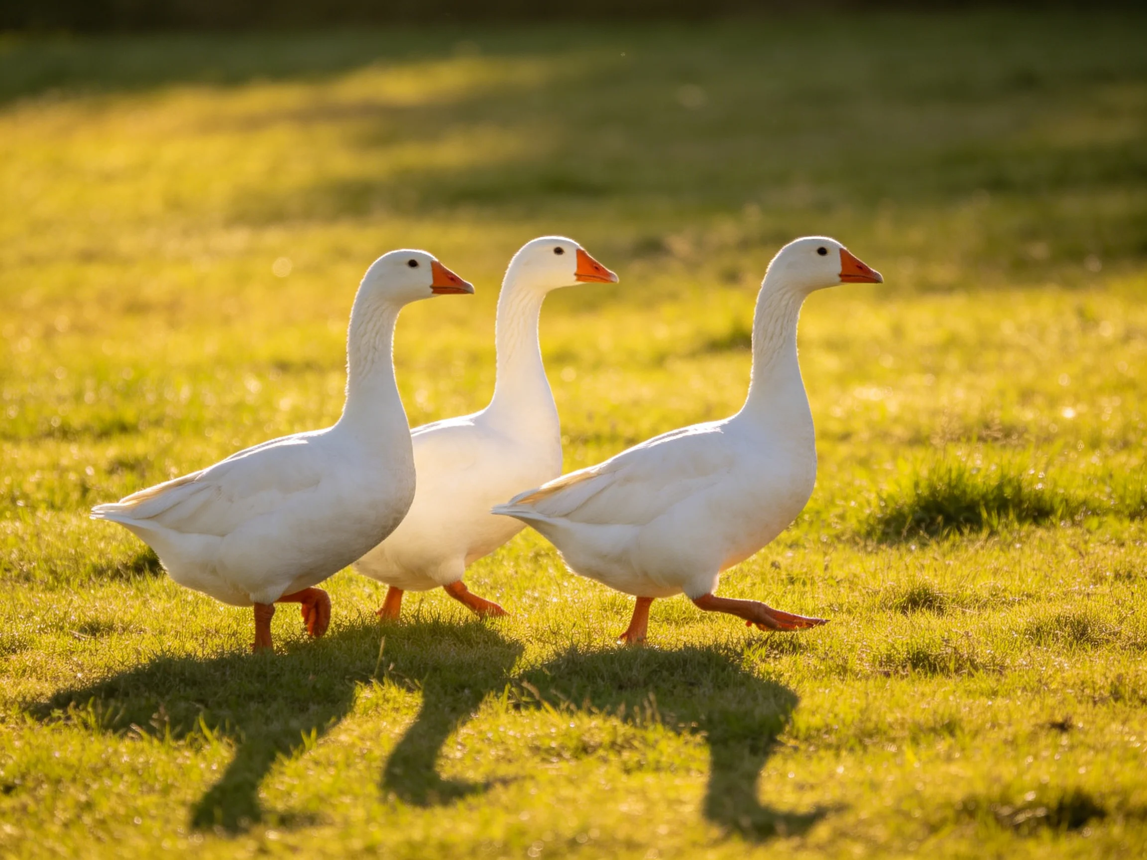 Three white geese walk on sunlit green grass