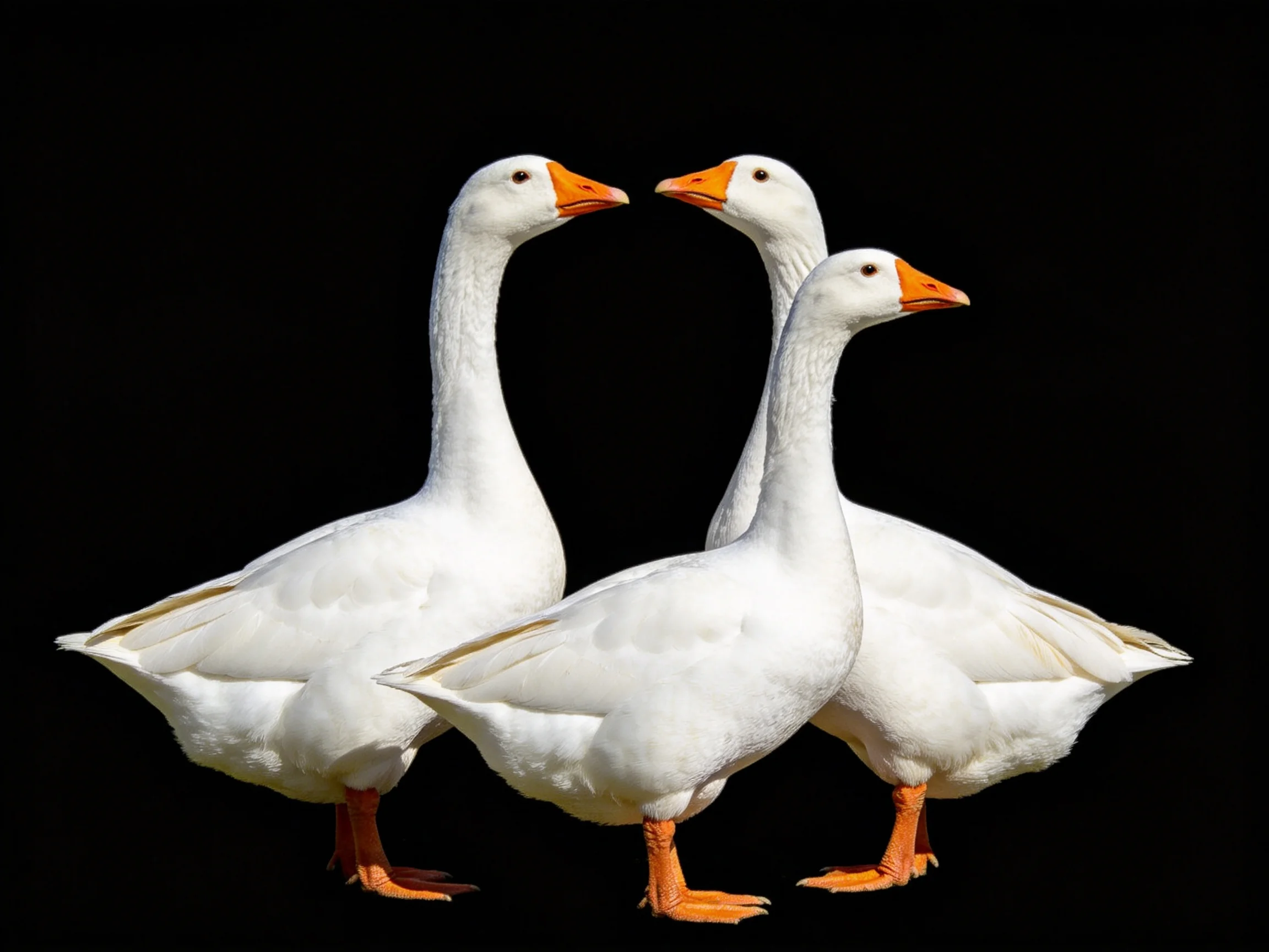 Three white geese with orange beaks grouped on a black background