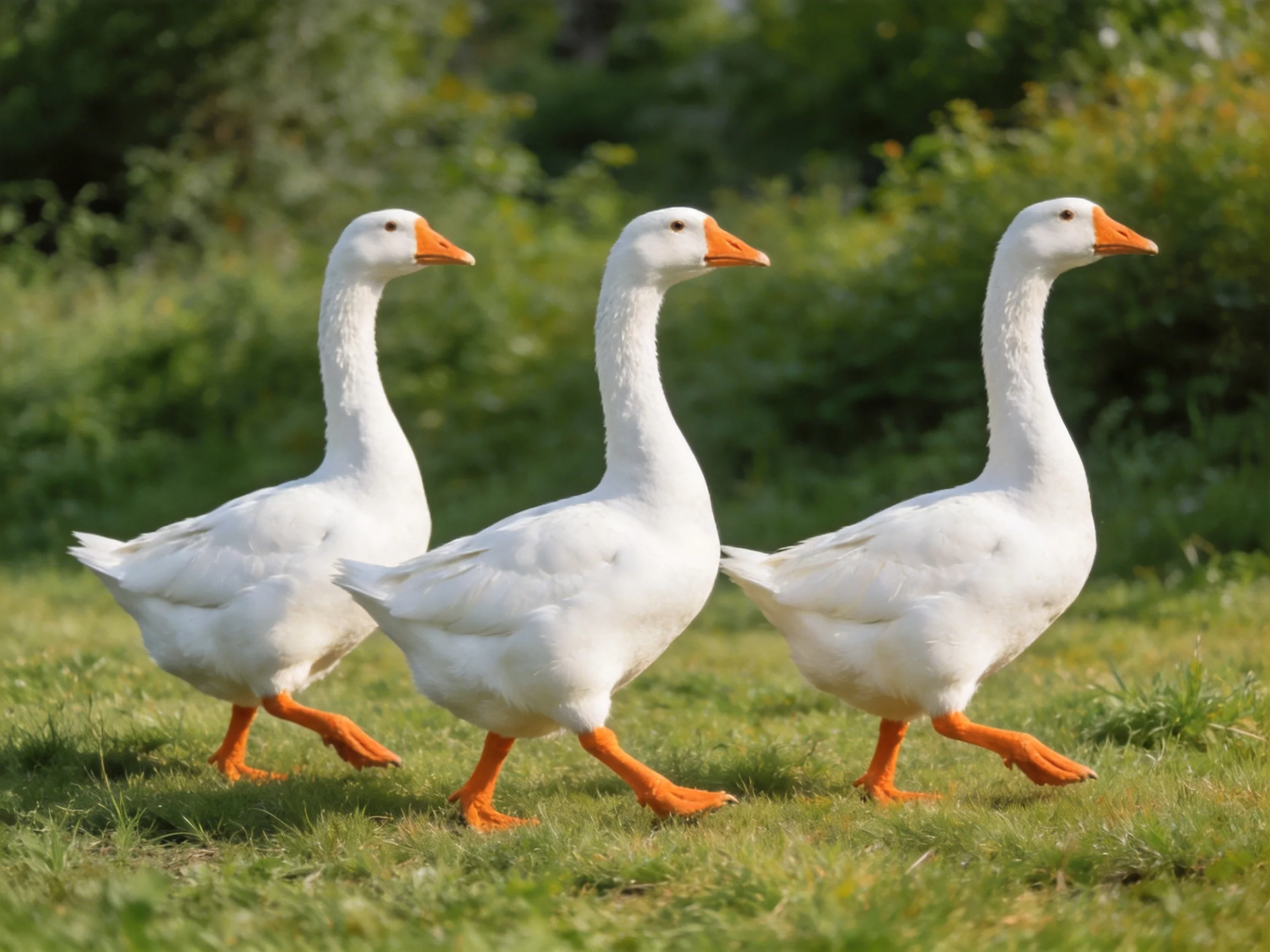 Three white geese with orange beaks walk on green grass