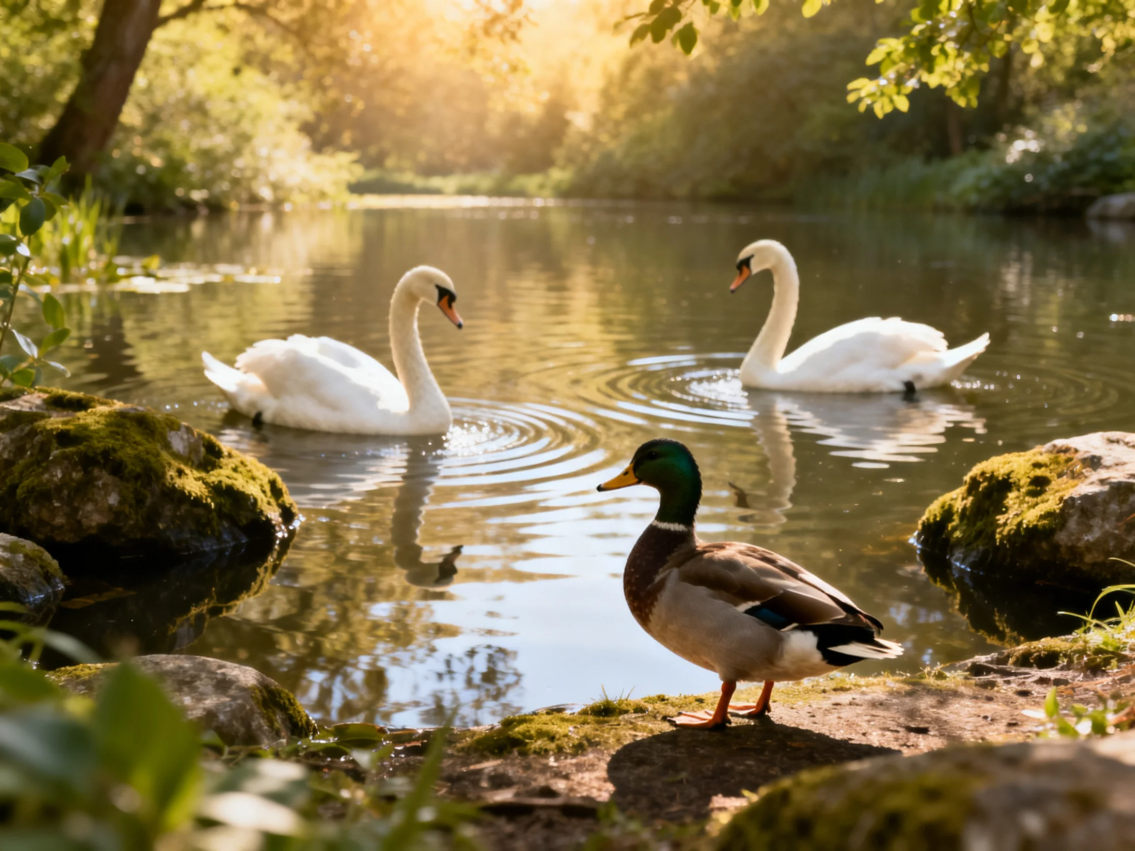 Three white swans swim near a mallard duck by mossy rocks in a sunlit pond