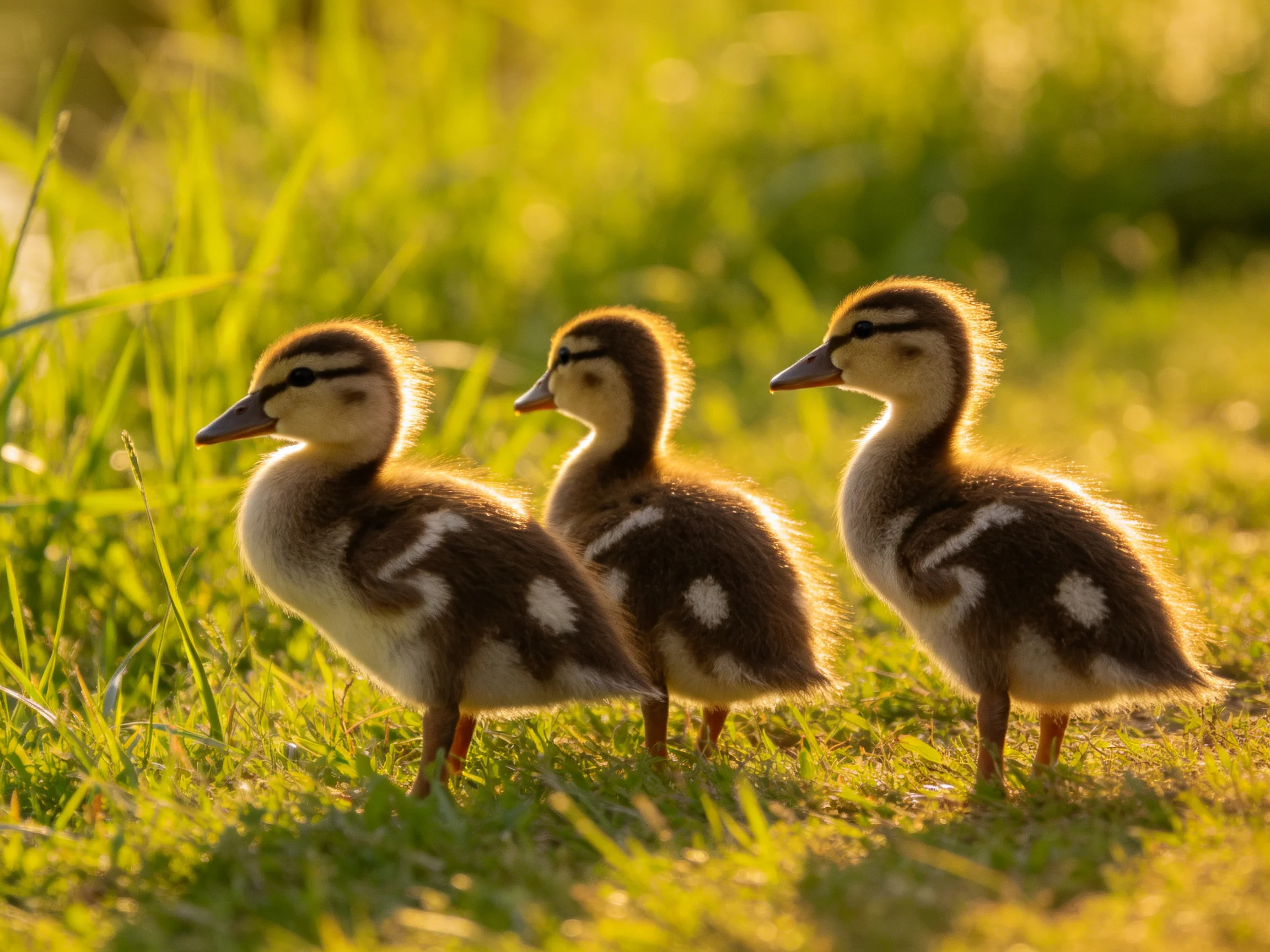 Three young brown-spotted ducklings standing on sunlit green grass