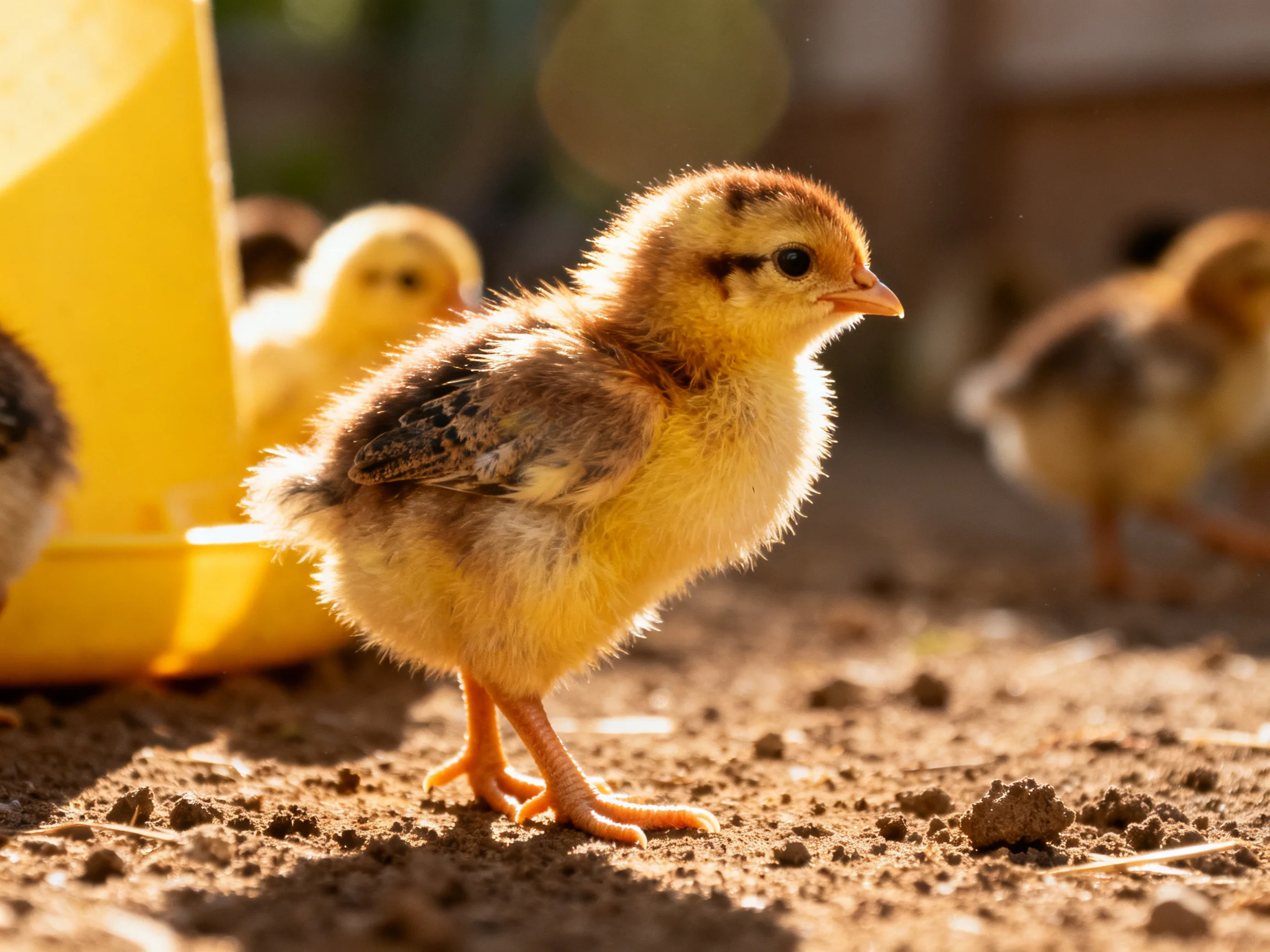 Three young chicks near a bright yellow feeder on dusty ground