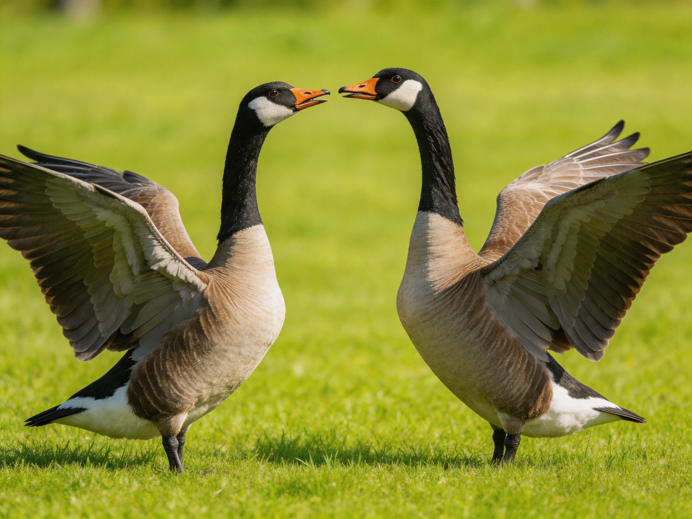 Two Canada Geese Displaying on a Vibrant Grass Field