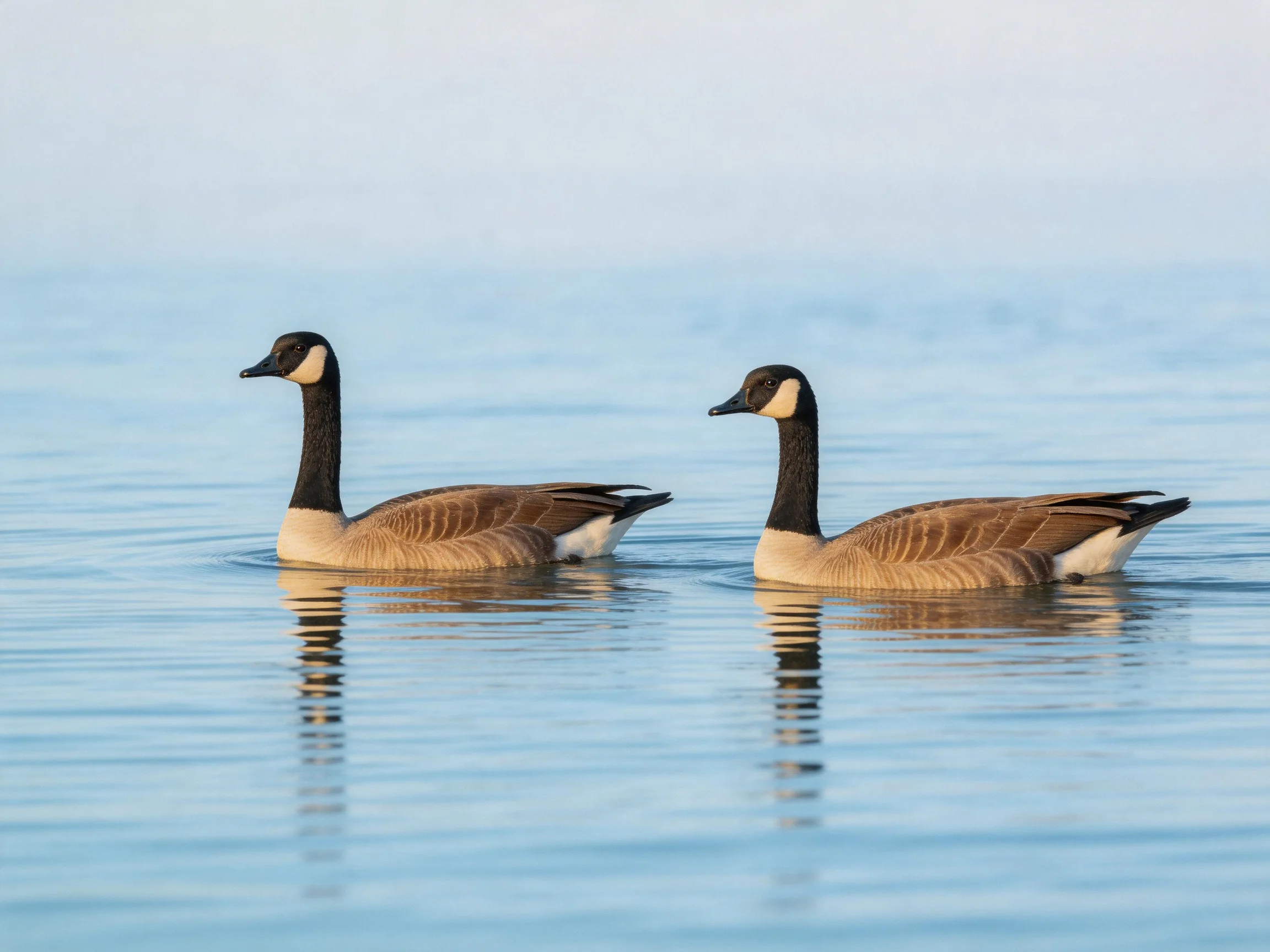 Two Canada Geese Floating Peacefully on Still Blue Water