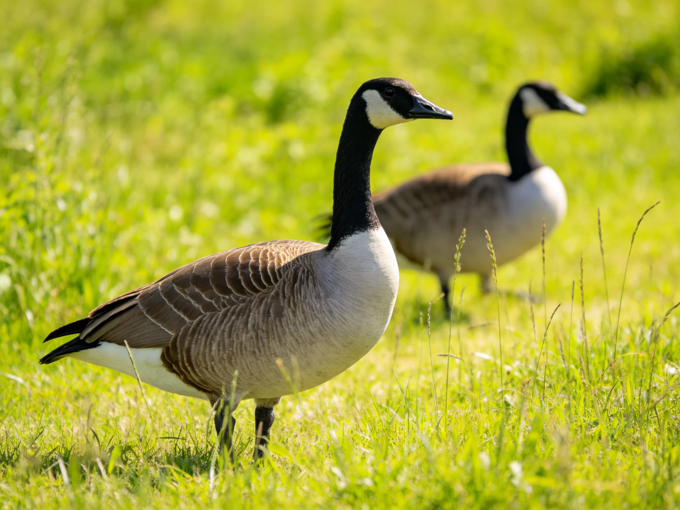 Two Canada Geese Standing in Lush Green Grassland