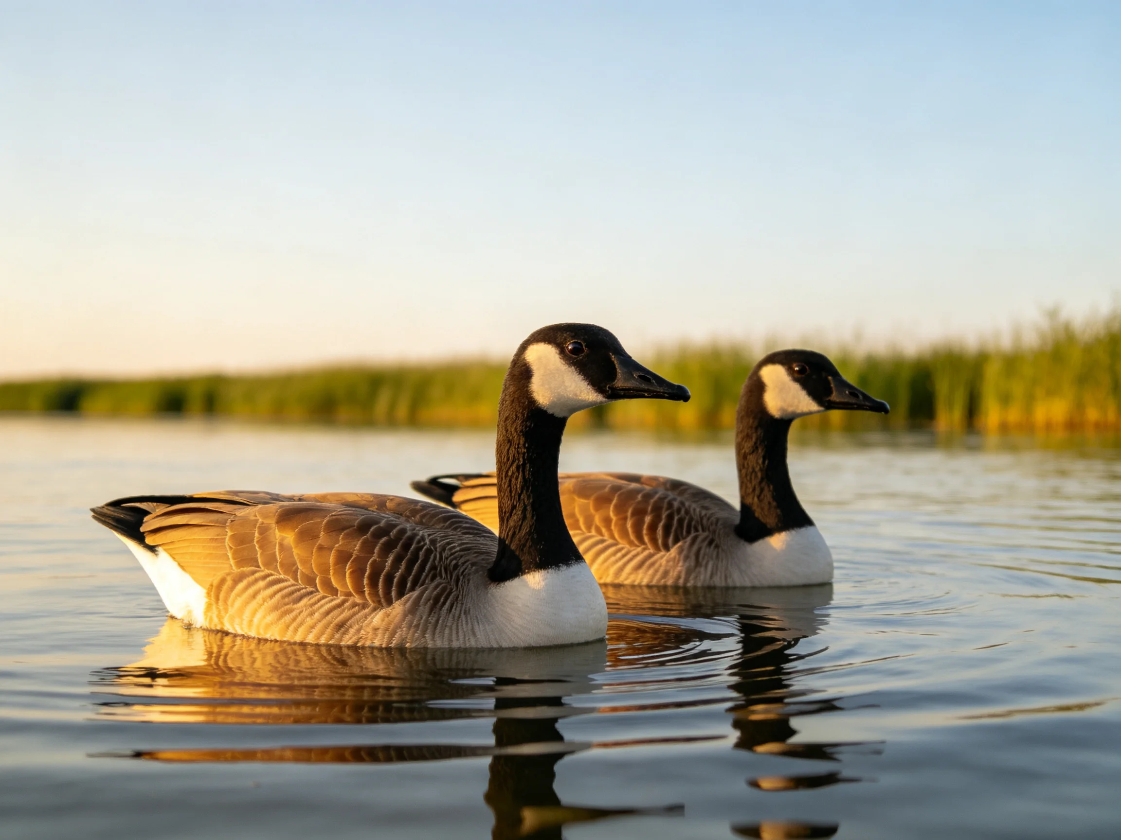 Two Canada Geese Swimming in Calm Water Near Tall Green Reeds