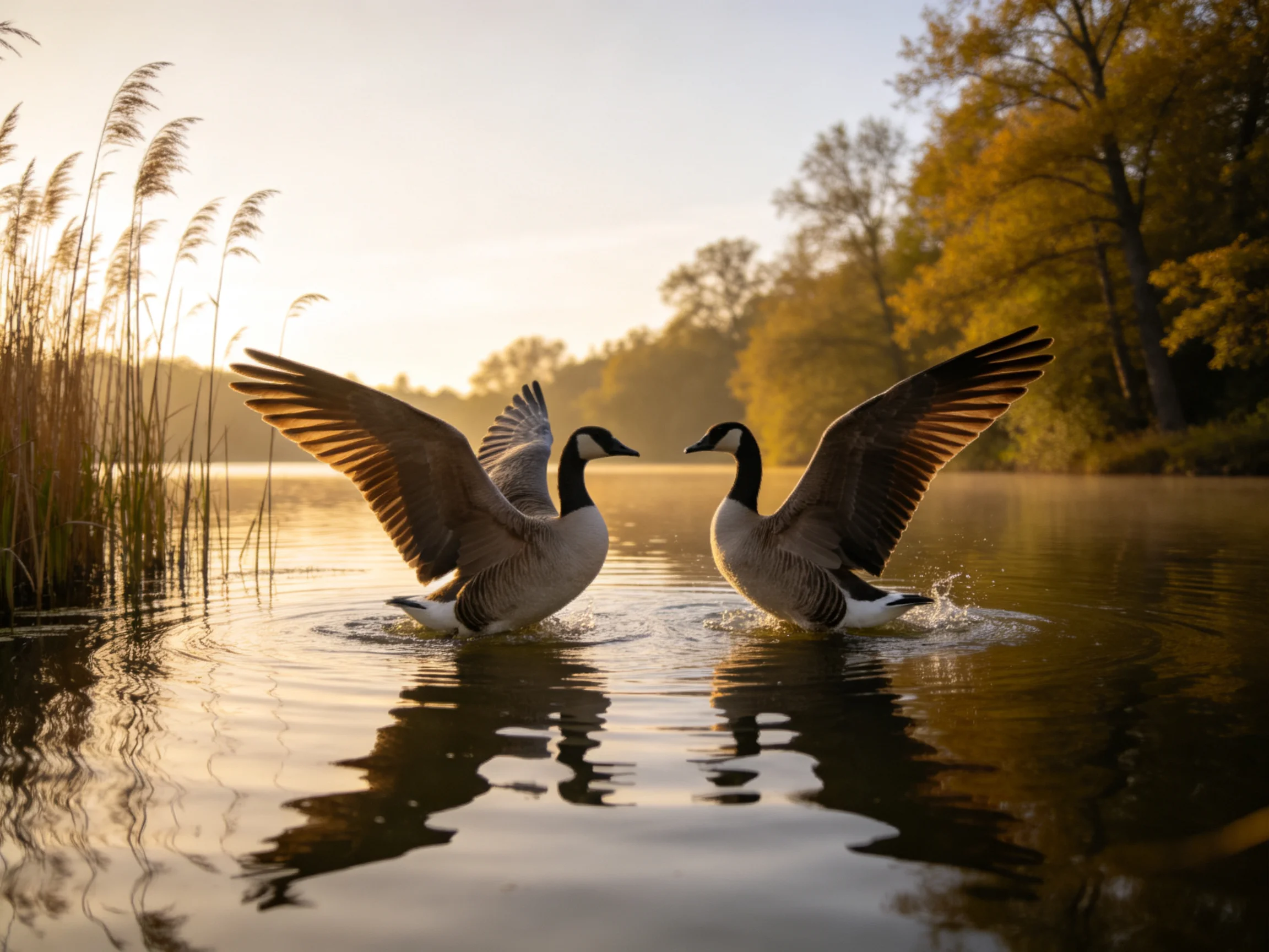 Two Canada Geese flap wings in a misty, golden-hued lake near autumn trees