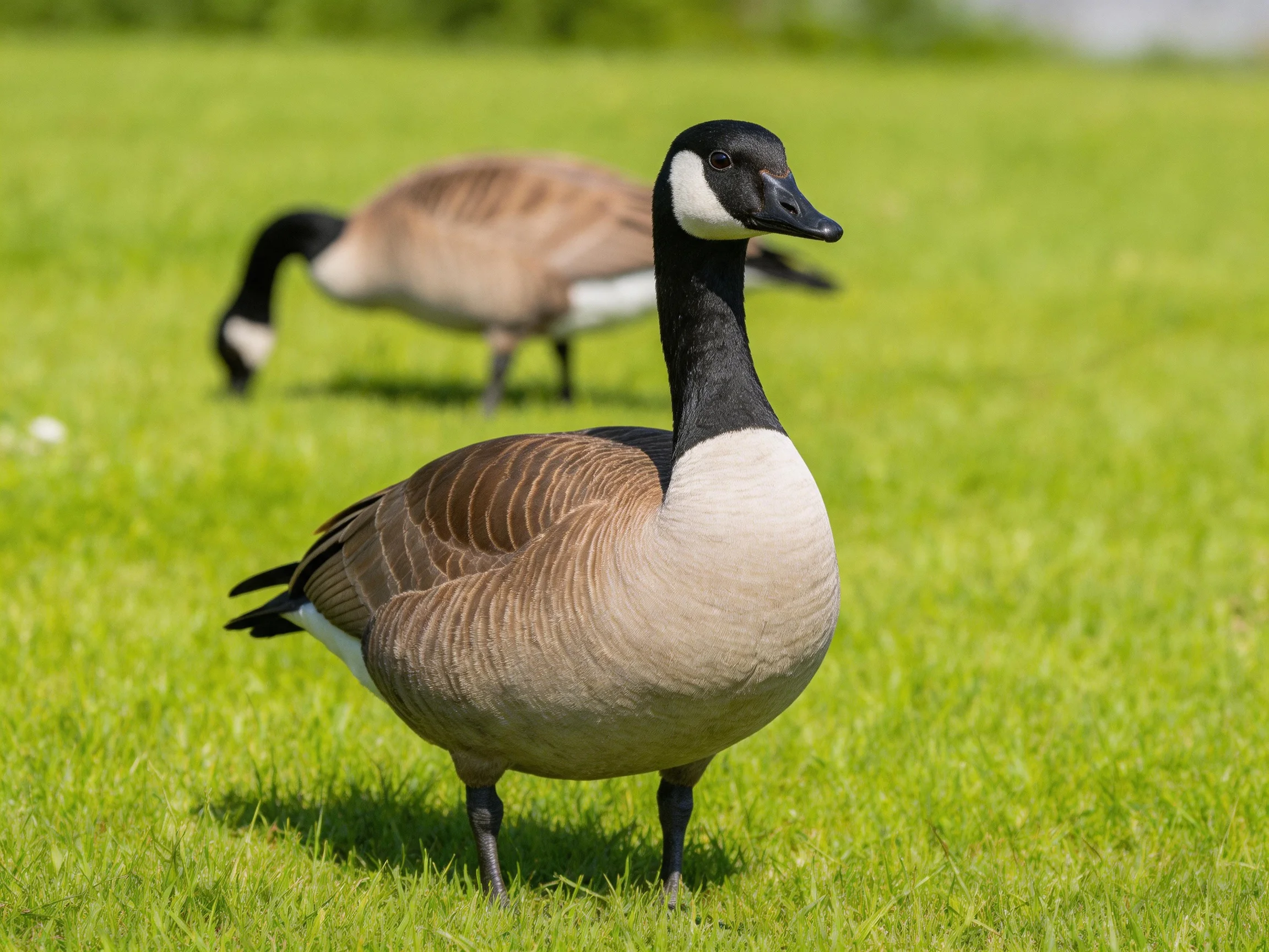Two Canada Geese in a Sunlit Green Meadow