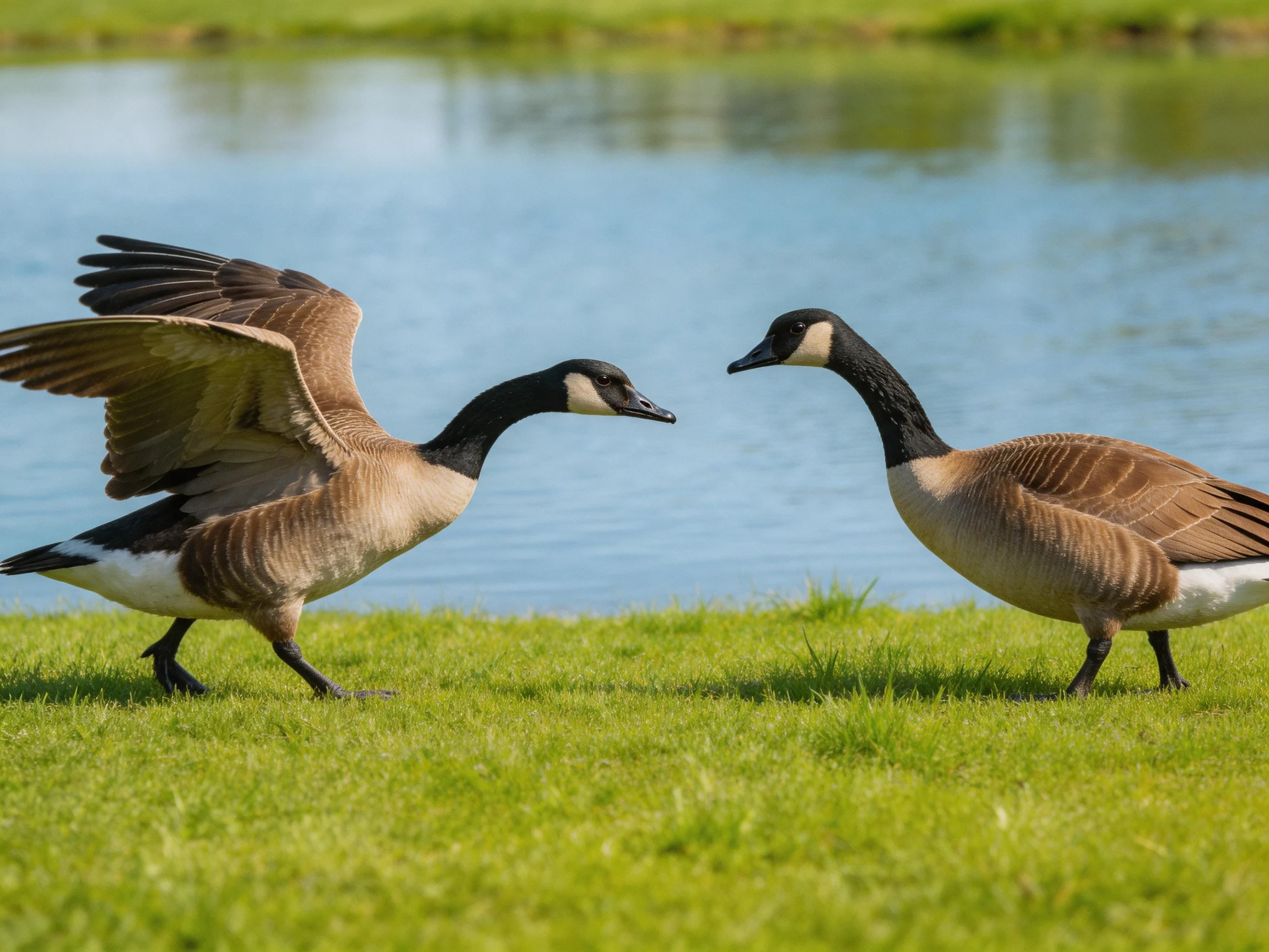 Two Canada Geese interacting near a calm water body