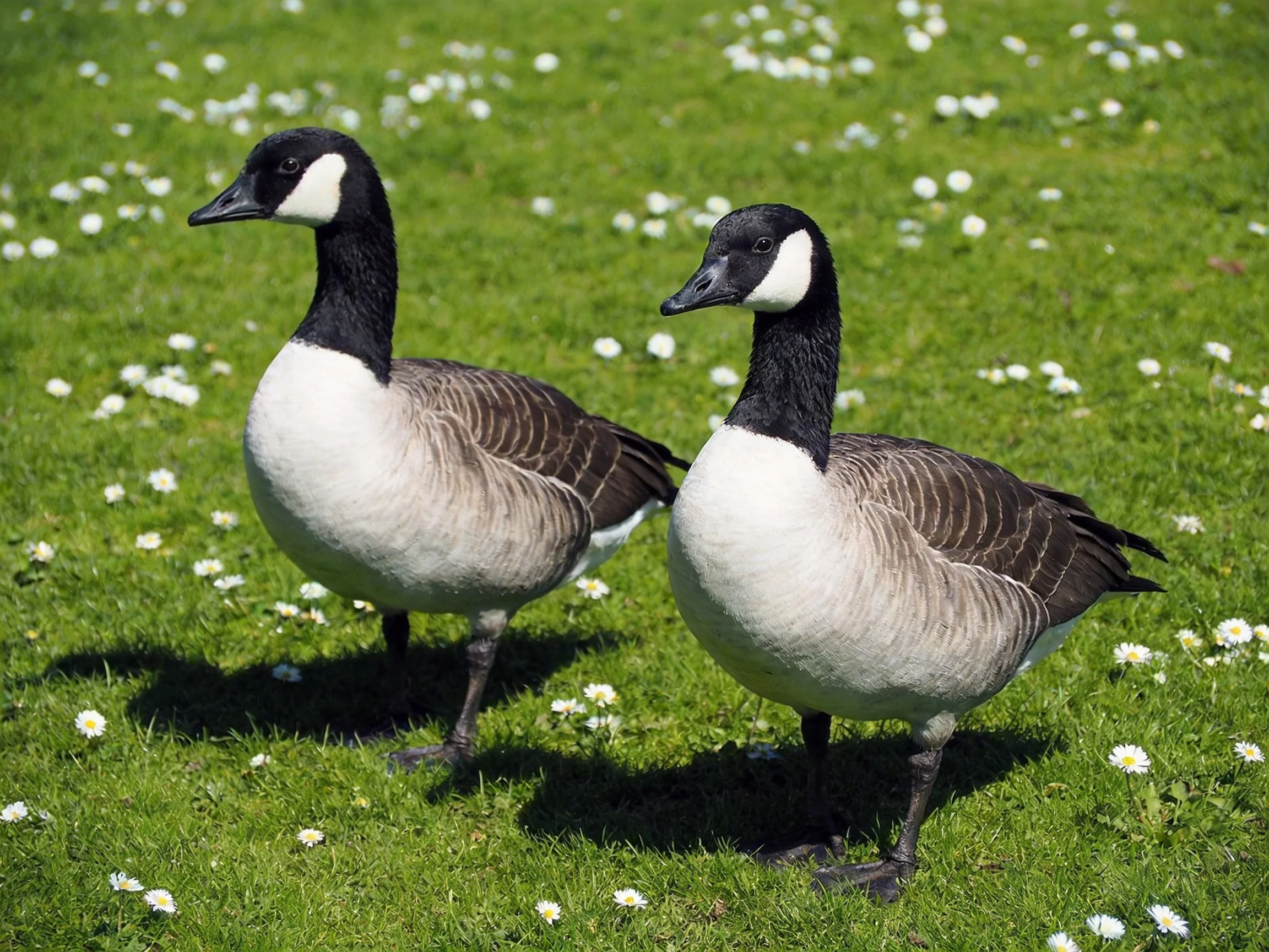 Two Canada Geese on a flower-speckled green lawn