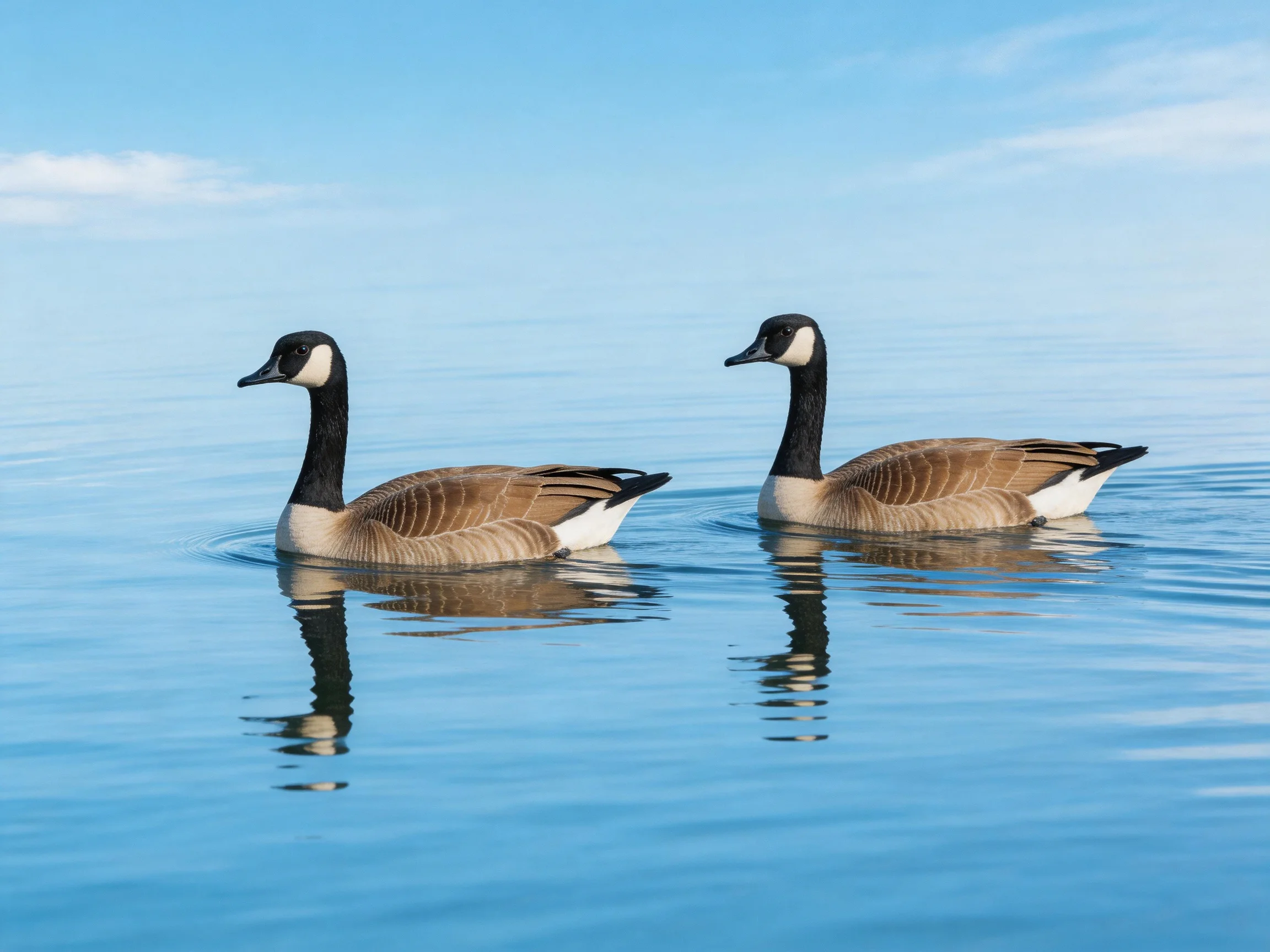 Two Canada Geese swimming in tranquil blue water beneath a clear sky