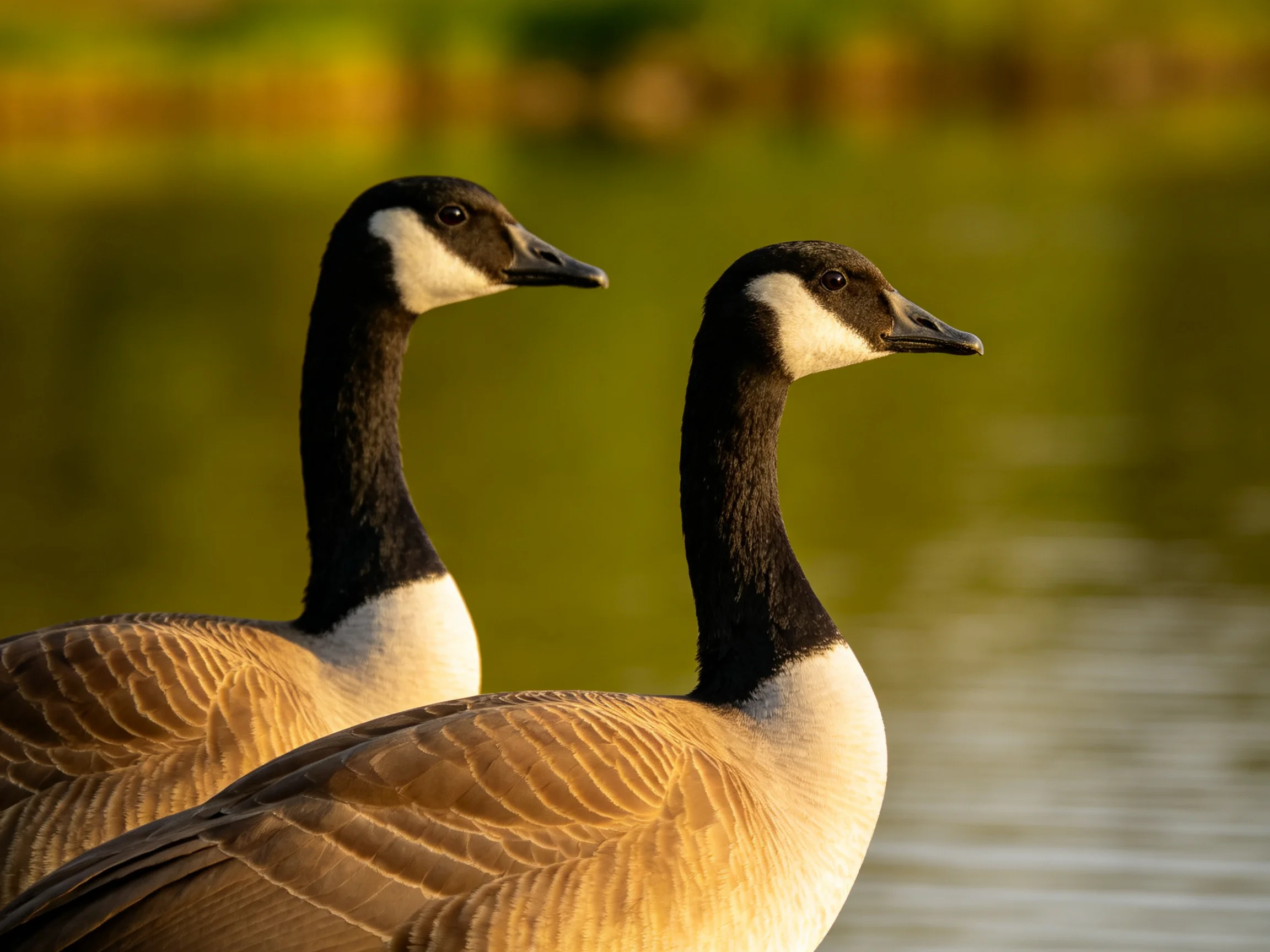 Two Canada Geese with Black Necks and Brown Feathers by a Calm Body of Water
