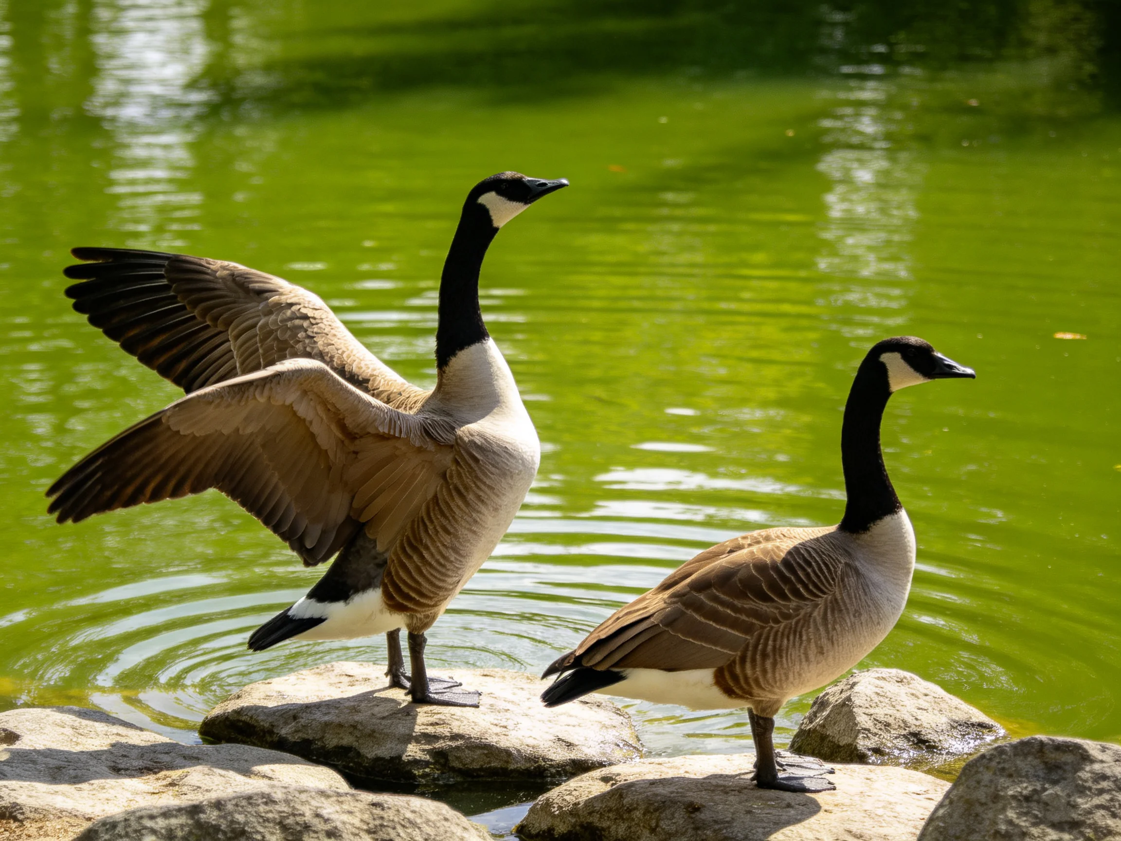 Two Canada geese on rocks by green pond, one spreading wings