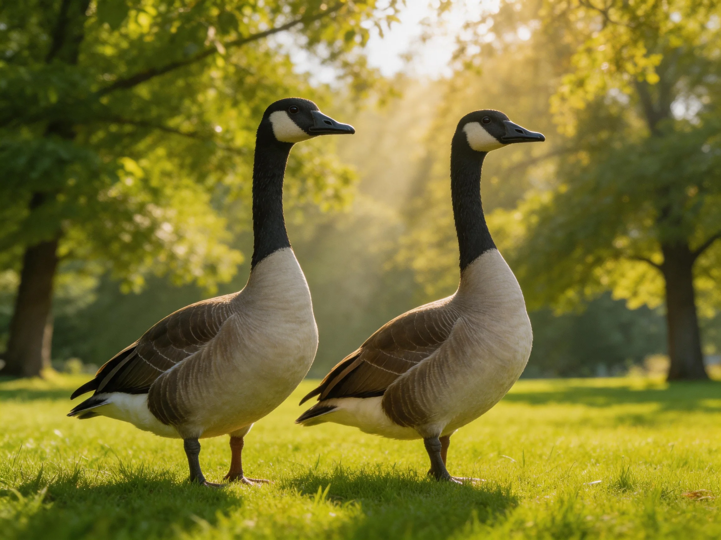 Two Canada geese stand on lush green grass near tall leafy trees