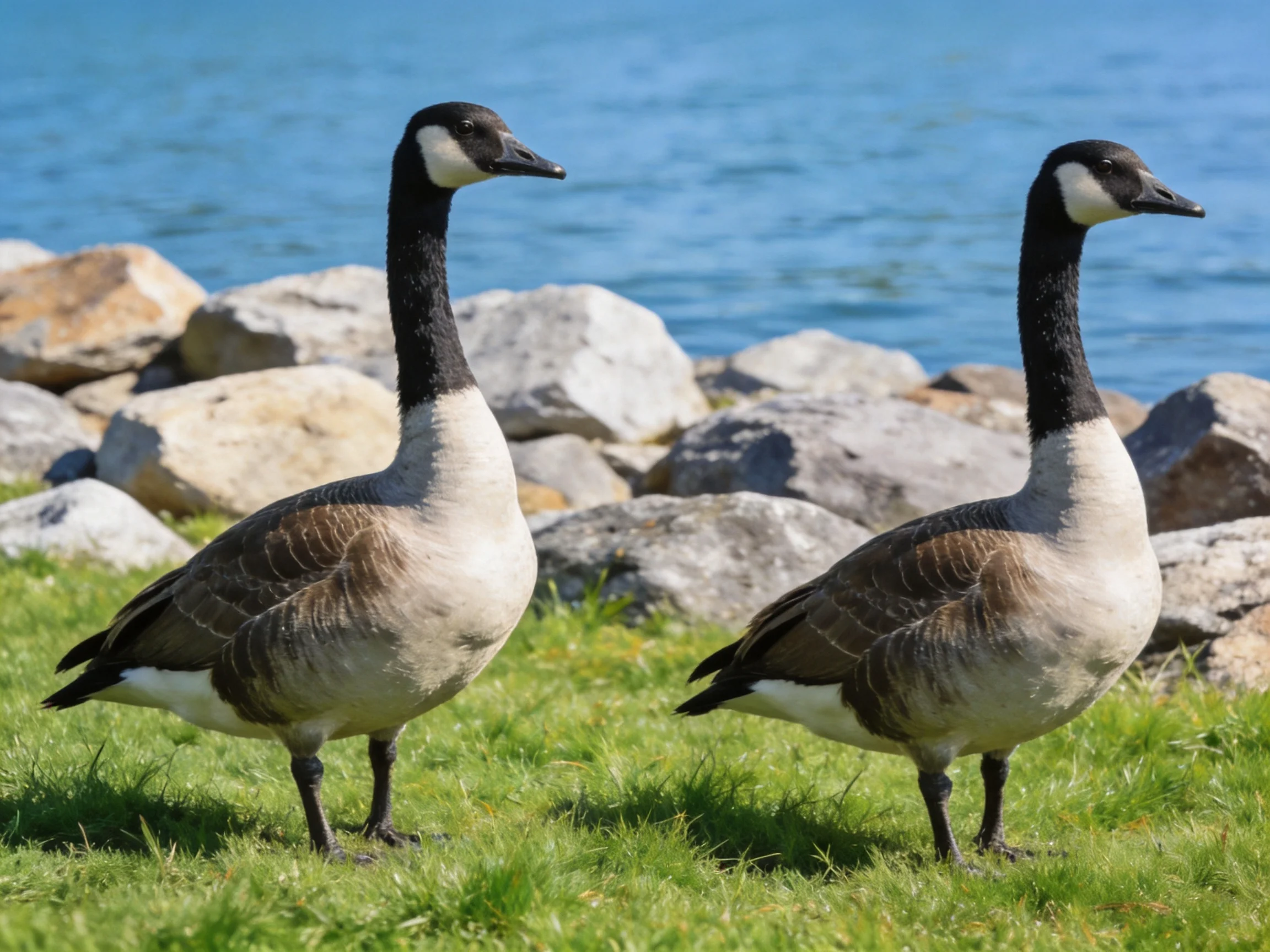Two Canada geese standing on grass near rocks by a blue water body