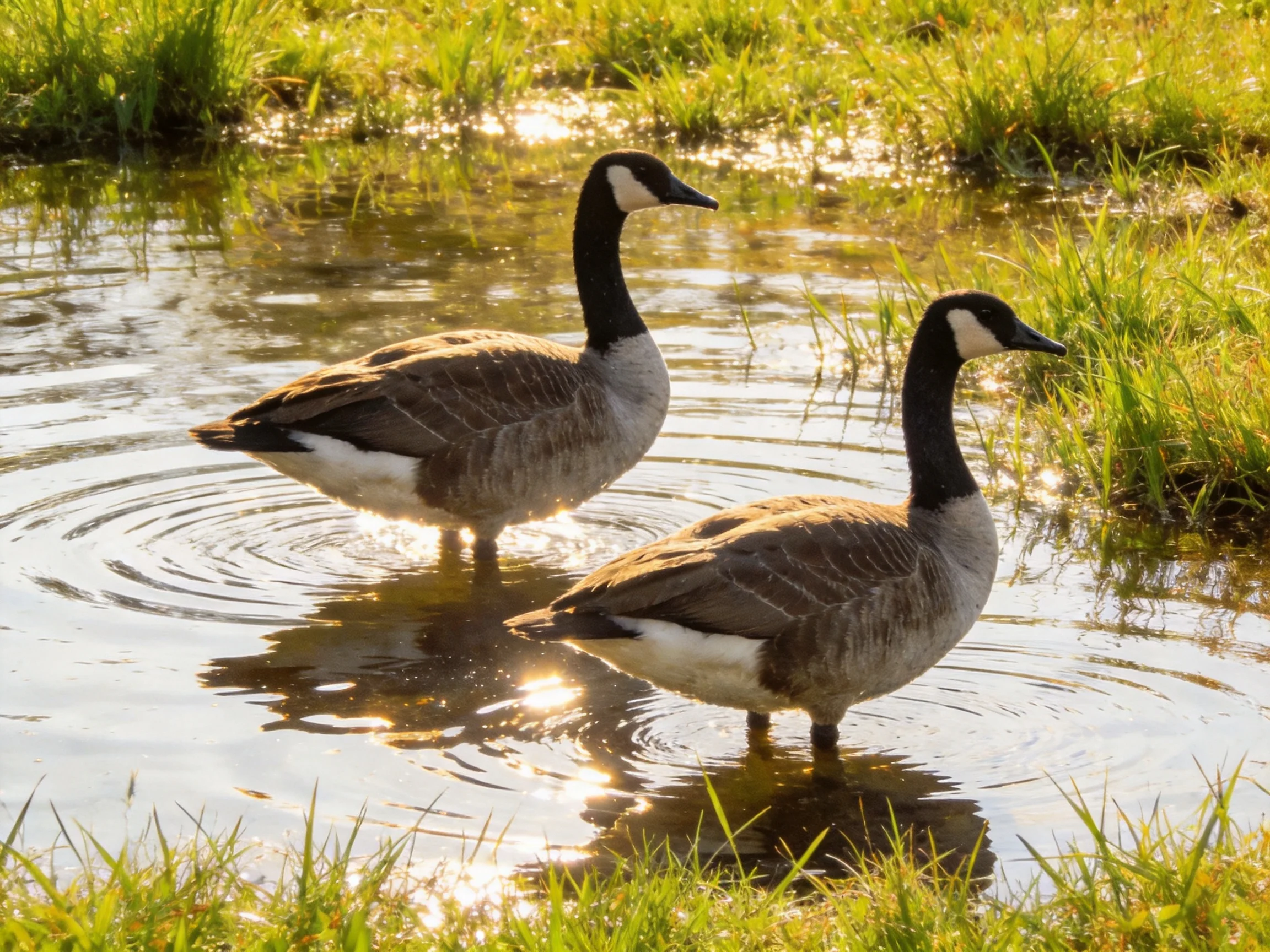 Two Canada geese wading in shallow water near green marsh grass