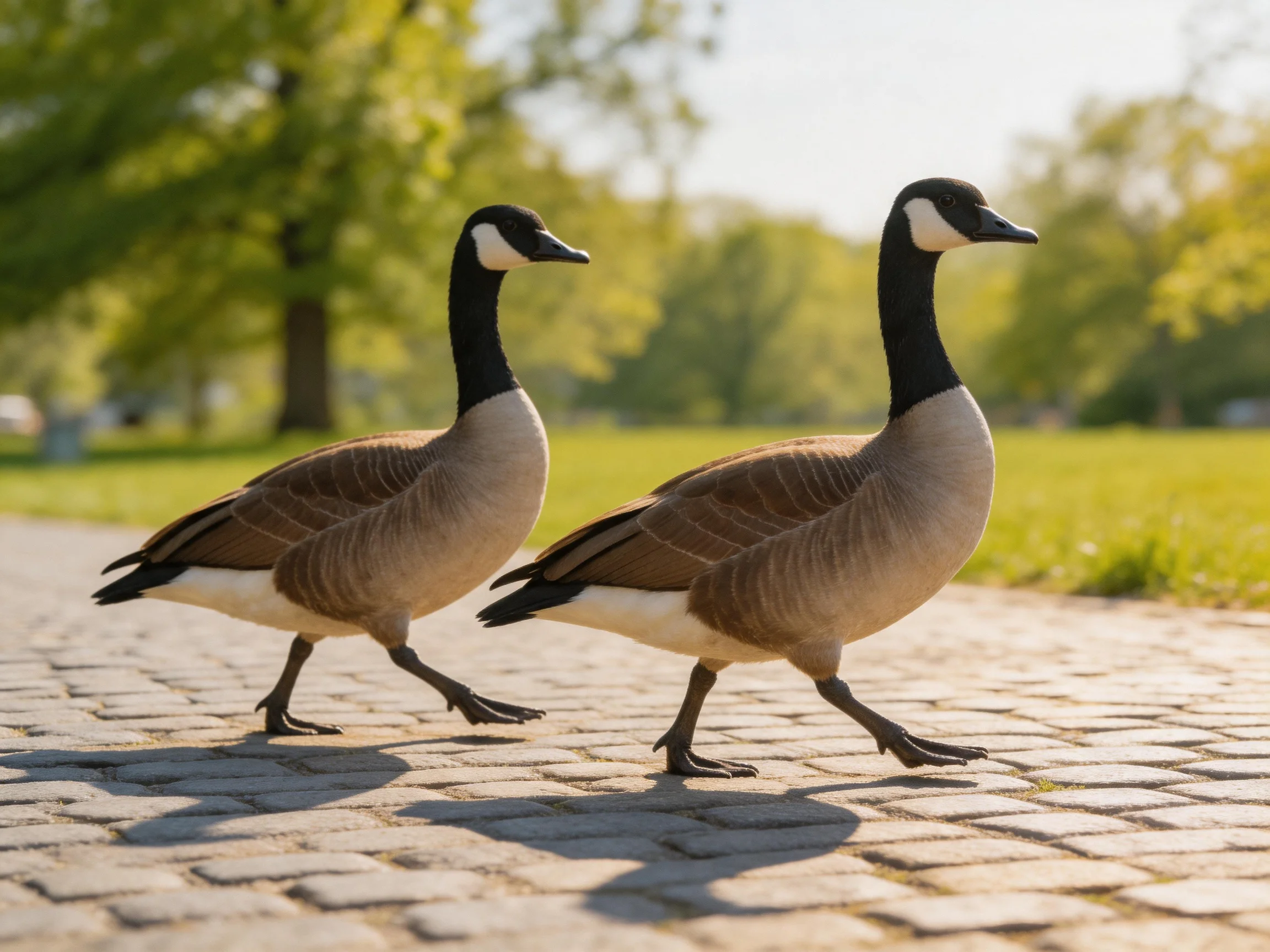 Two Canada geese walk along a sunlit cobblestone path in a lush green park
