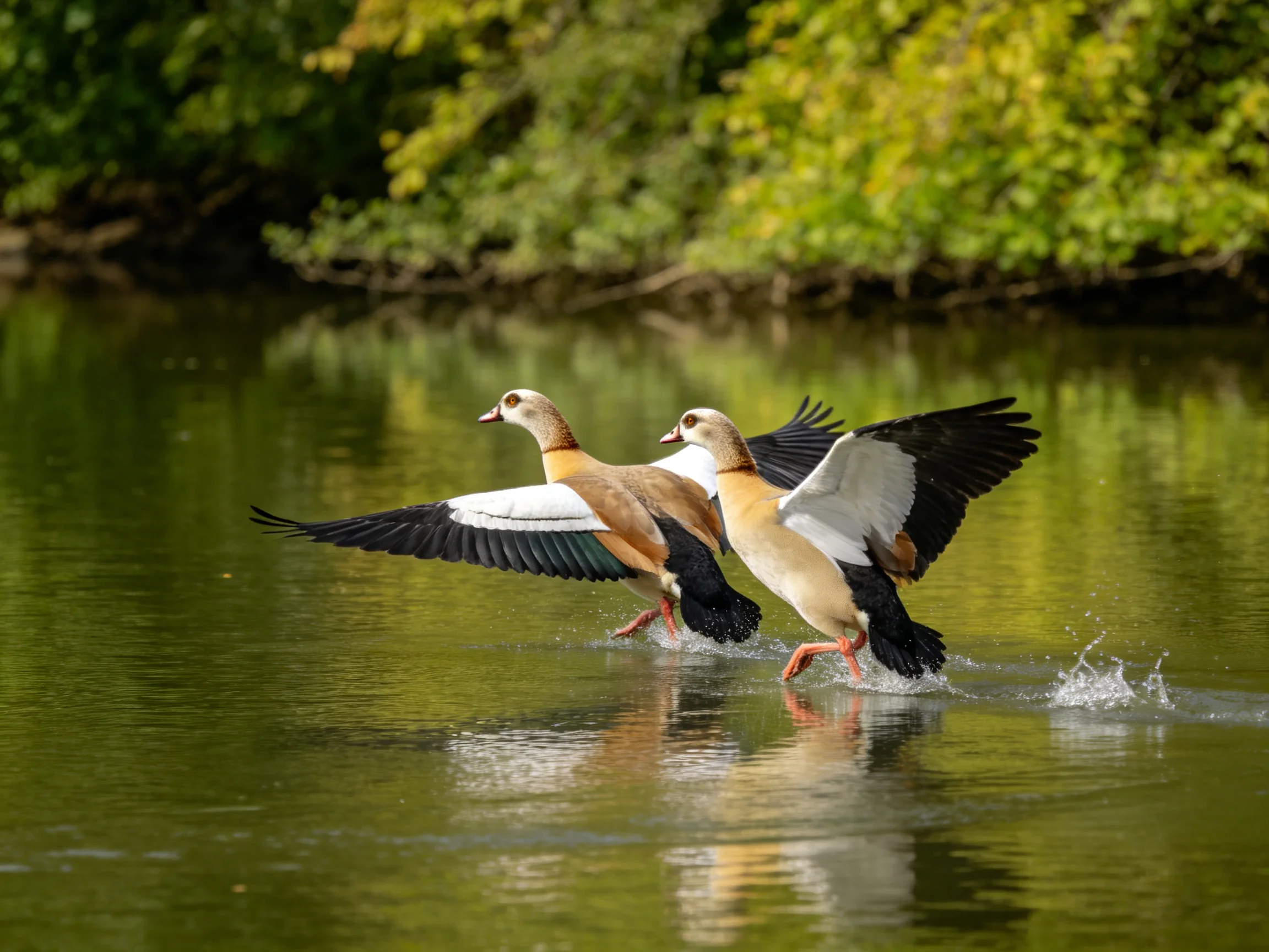 Two Egyptian Geese Taking Flight from Shallow Water