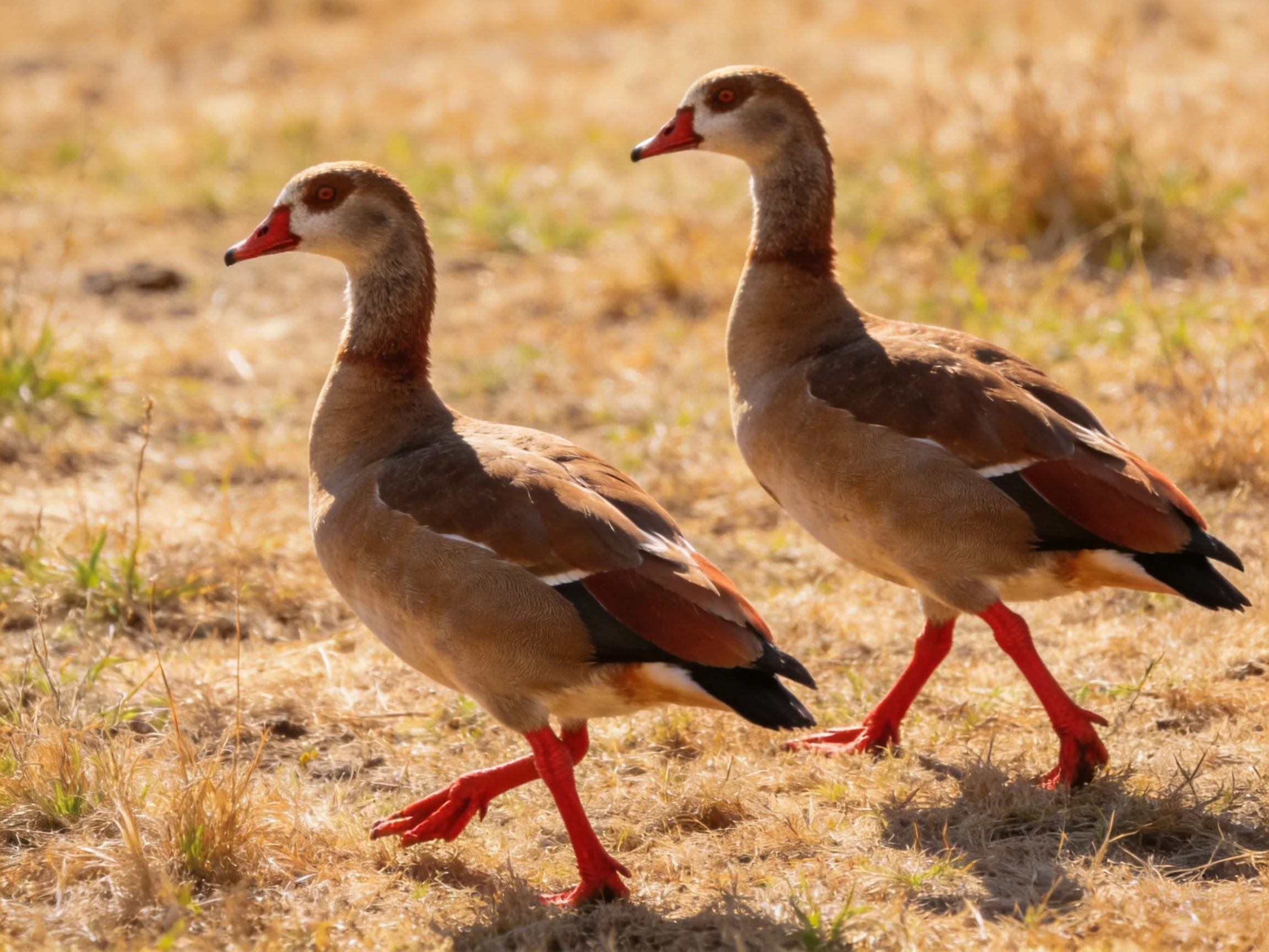 Two Egyptian Geese with Red Legs Walking on DryGrass
