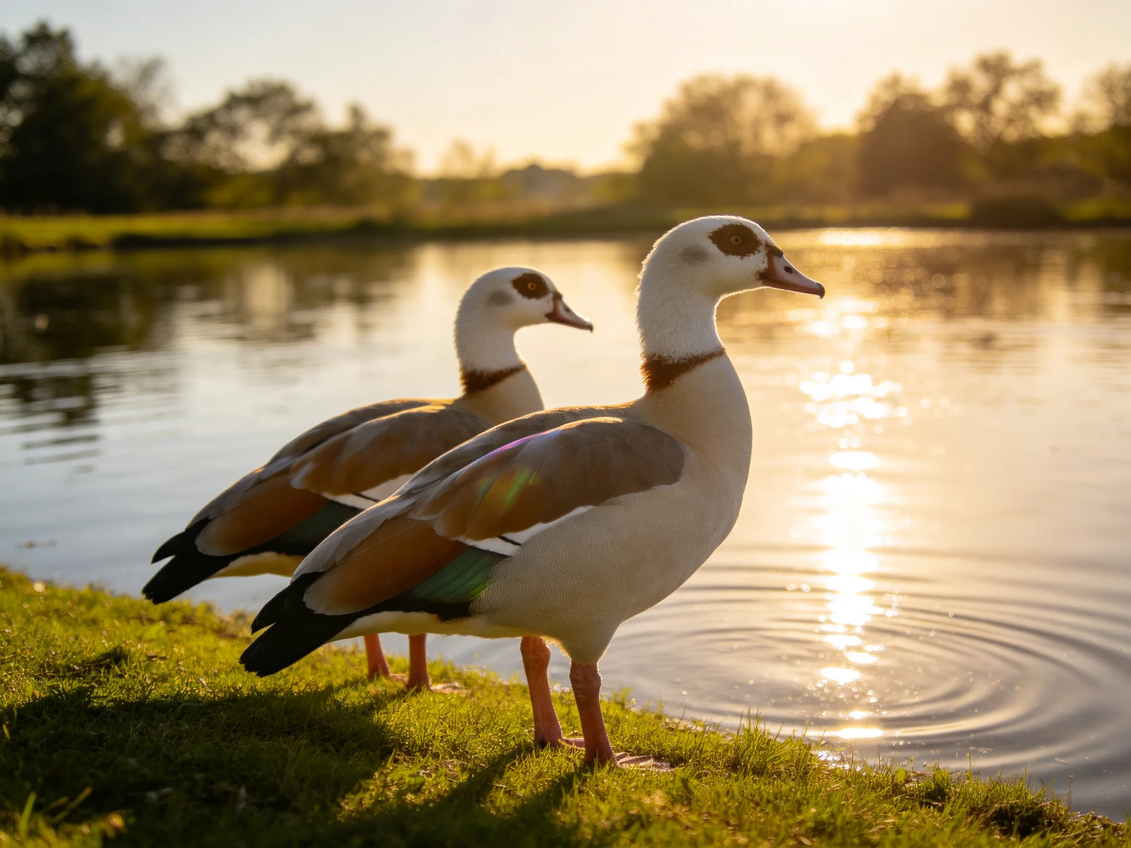 Two Egyptian geese stand by a calm river at golden hour
