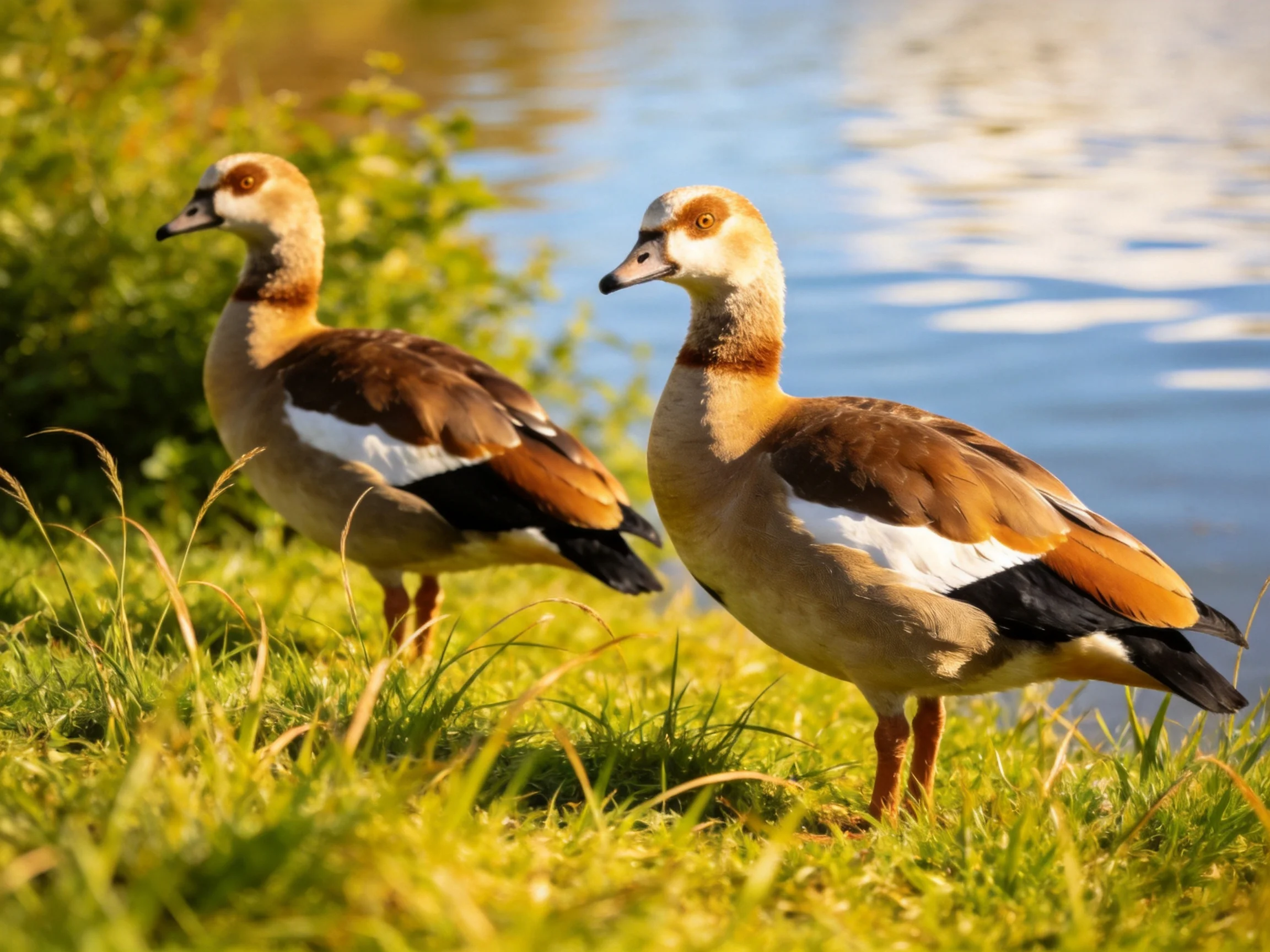 Two Egyptian geese standing on grass near calm water with lush vegetation