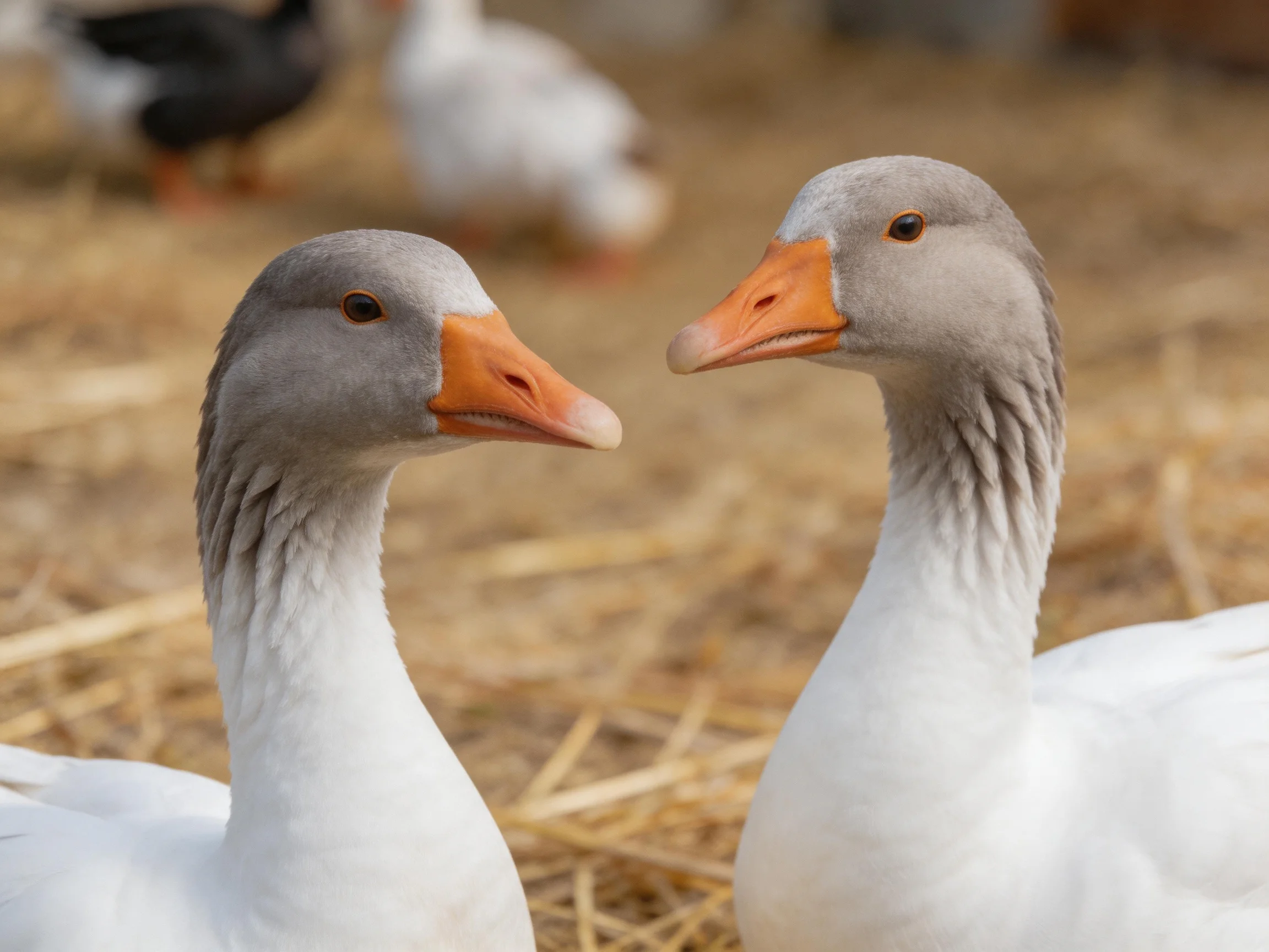 Two Gray-Headed White Geese with Orange Beaks on Straw Bedding
