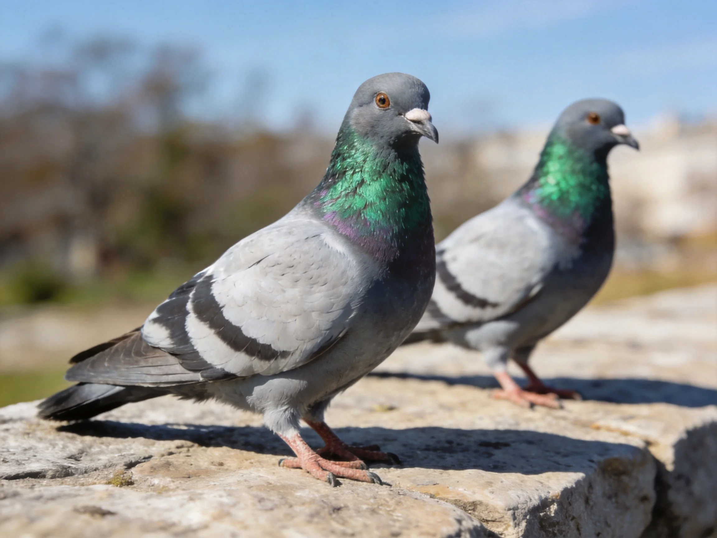 Two Gray Pigeons with Green Neck Feathers Perched on Stone Under Bright Light