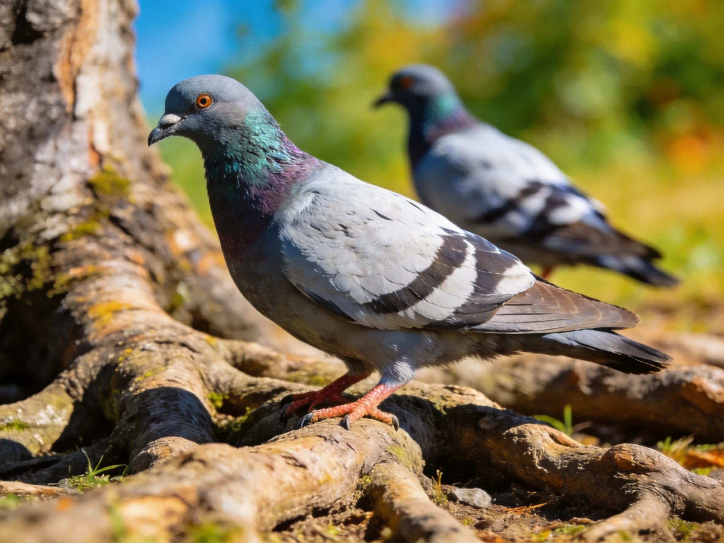 Two Gray Pigeons with Iridescent Neck Feathers Near Exposed Tree Roots