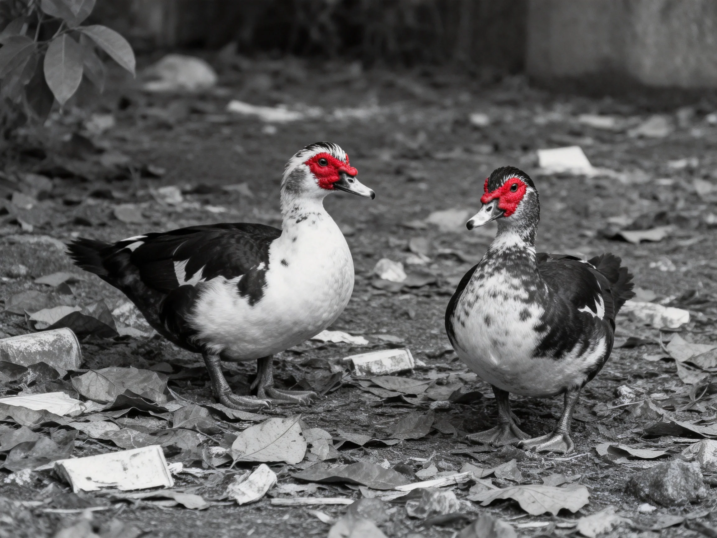 Two Muscovy Ducks with Red Faces on Leaf-Strewn Ground