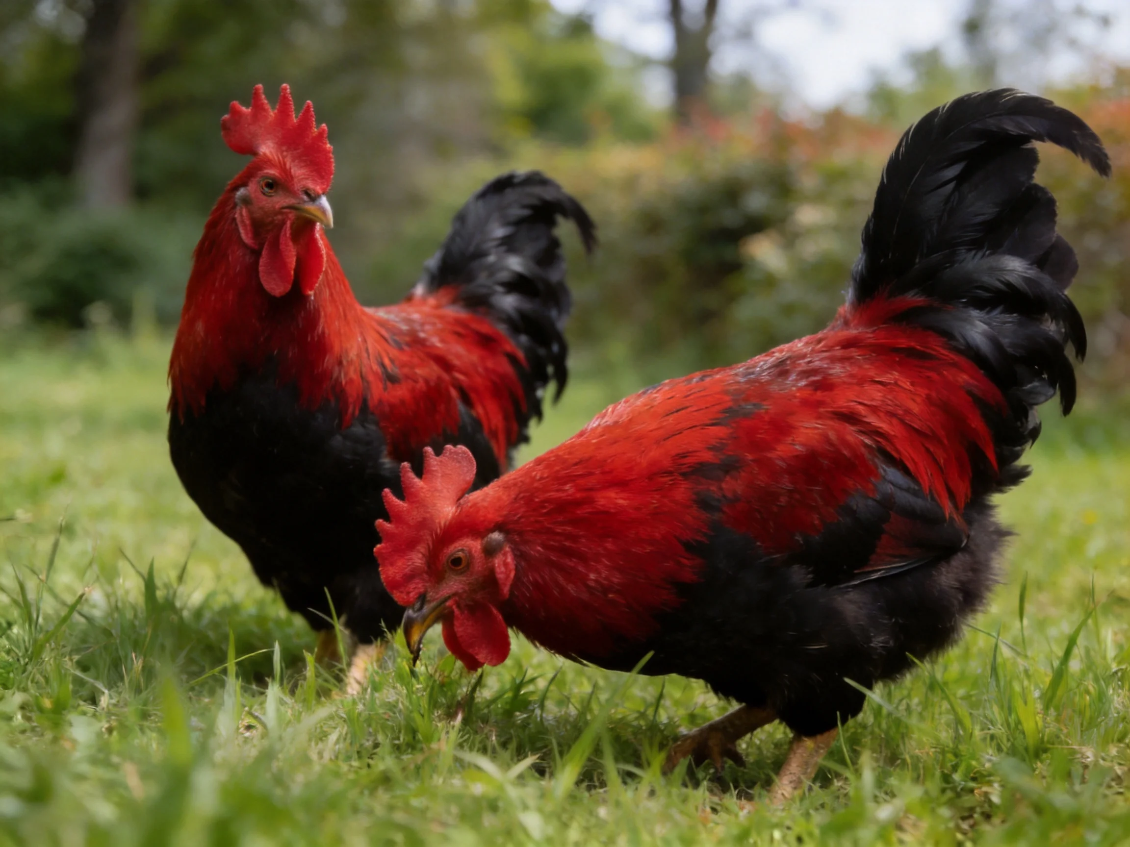 Two Red and Black Roosters Foraging in a Lush Green Yard