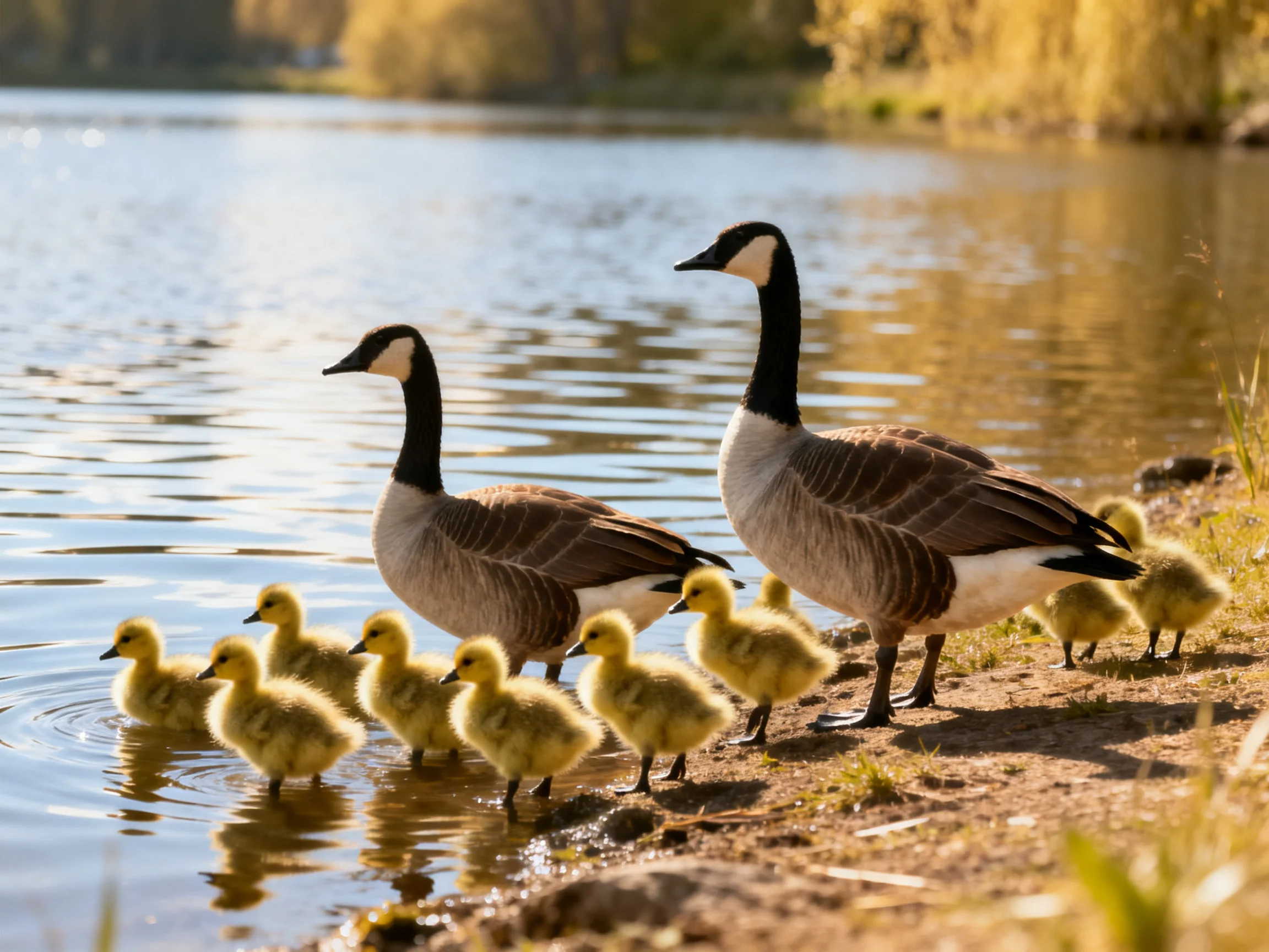Two adult Canada geese with goslings by a calm lakeshore