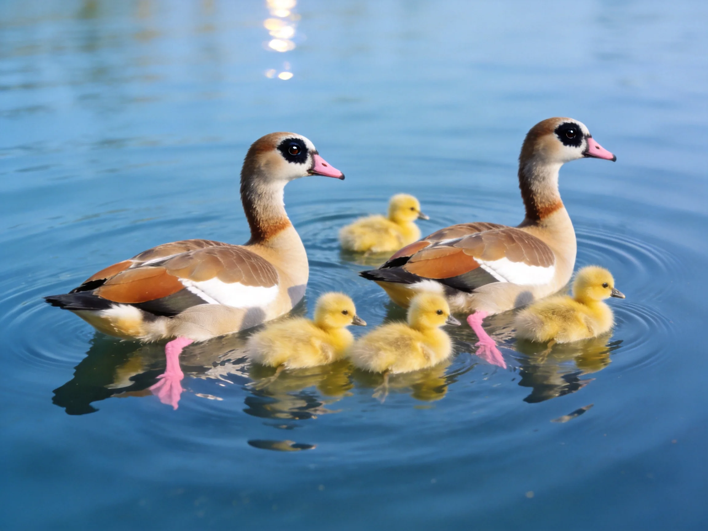 Two adult ducks with brown, white plumage swim alongside four yellow ducklings in calm blue water.