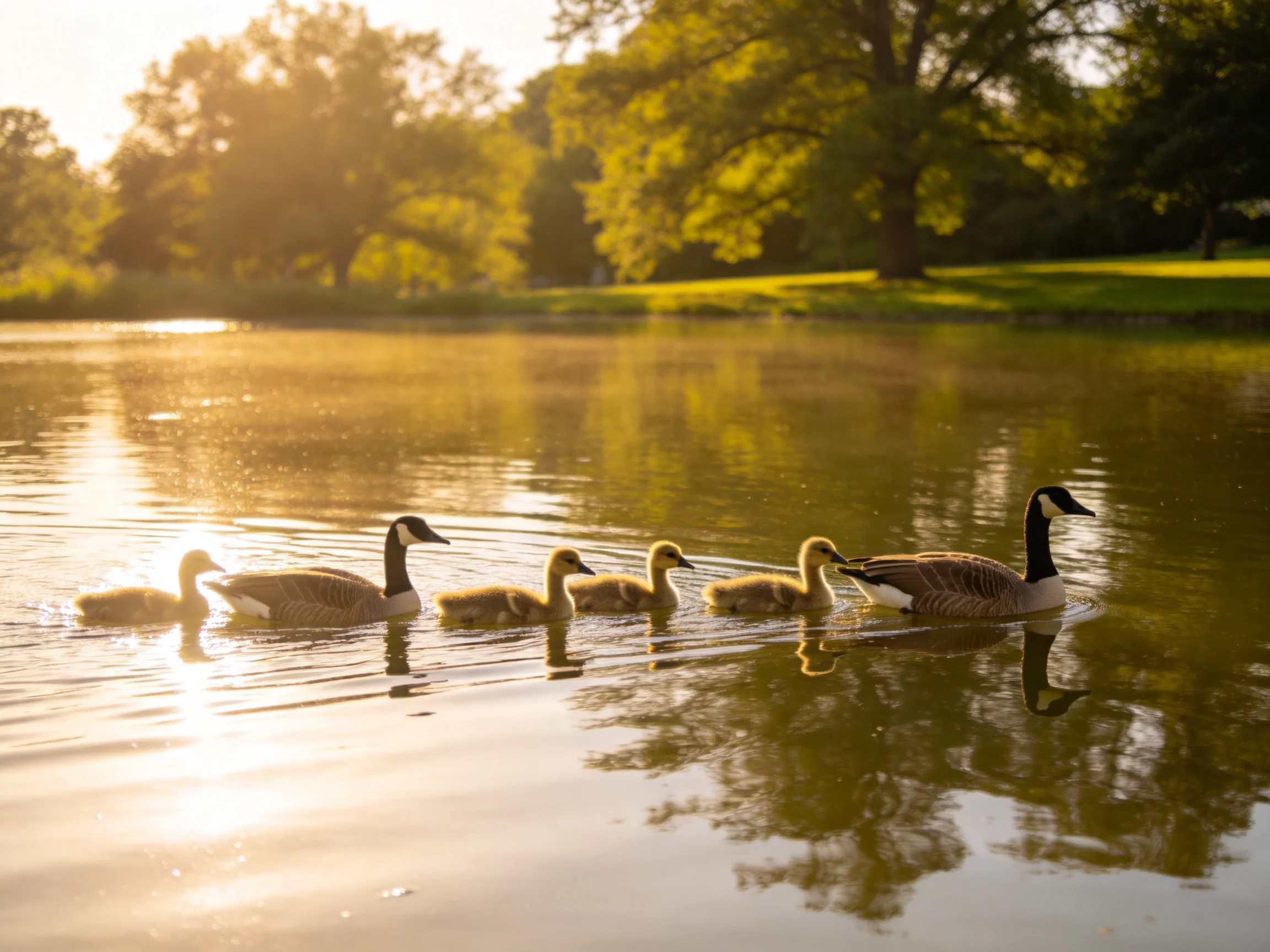 Two adult geese and three goslings glide across a sunlit pond surrounded by green trees