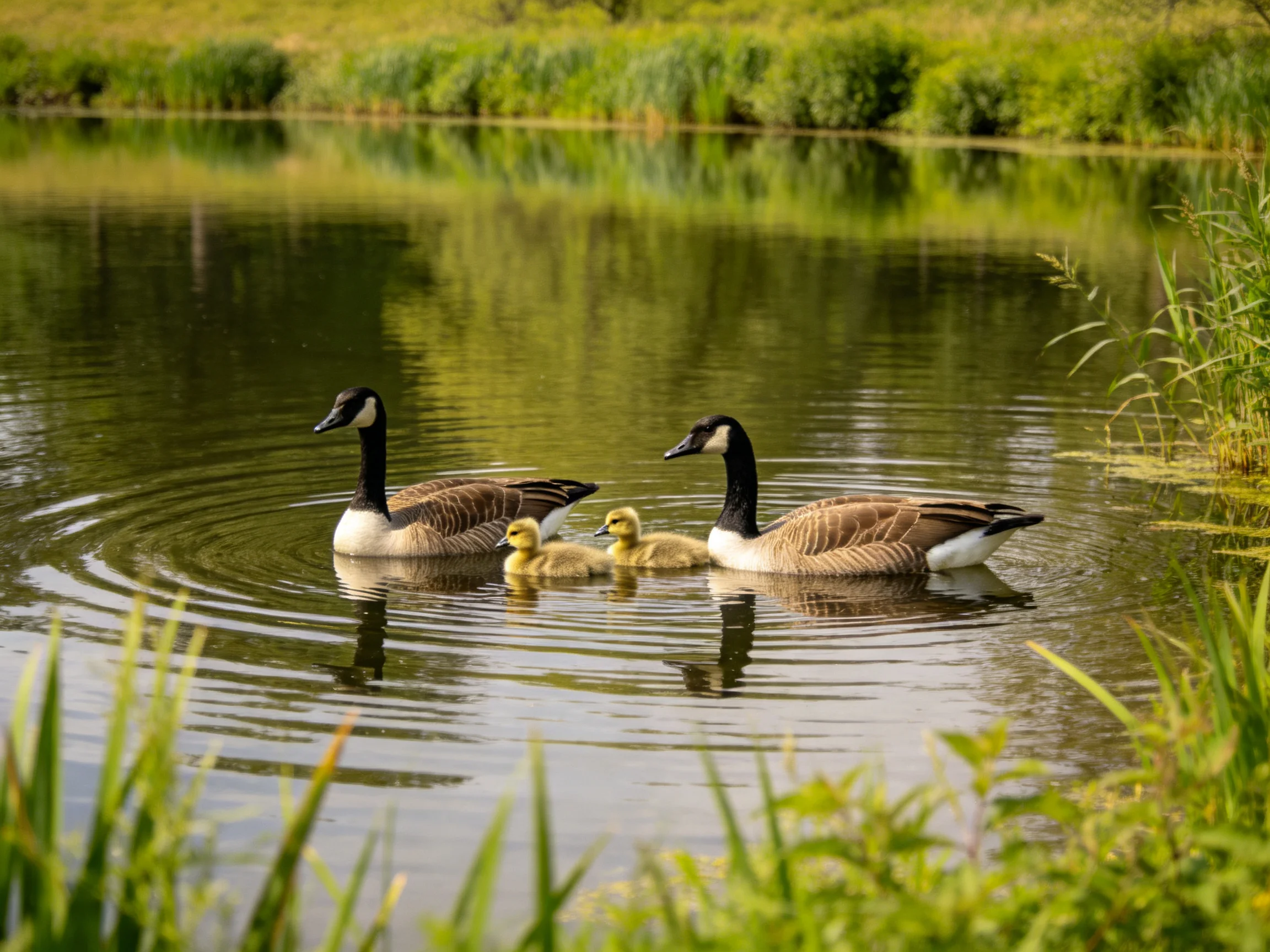 Two adult geese and two goslings swim in a calm pond with lush green surroundings