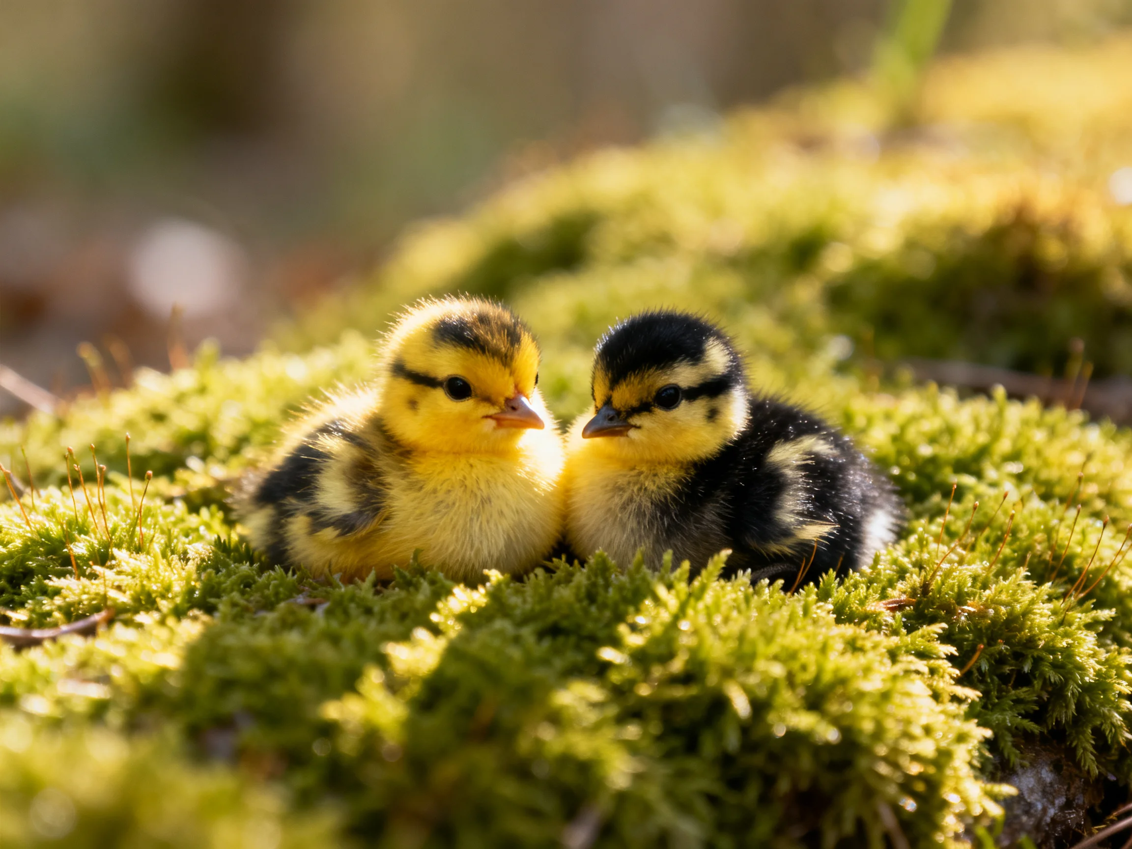 Two baby ducklings perched on lush green moss
