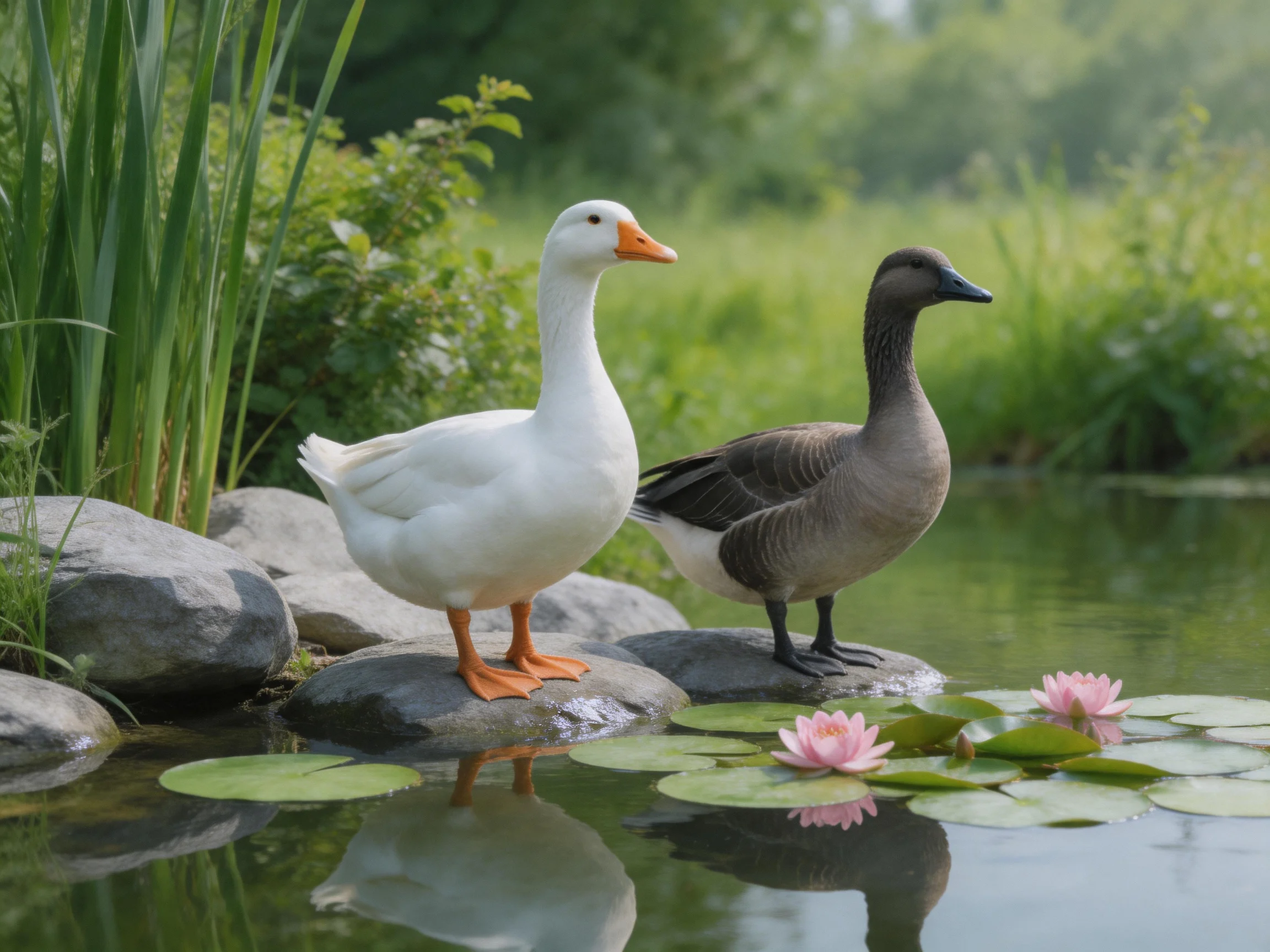 Two birds of distinct colors stand on rocks by a pond with pink water lilies
