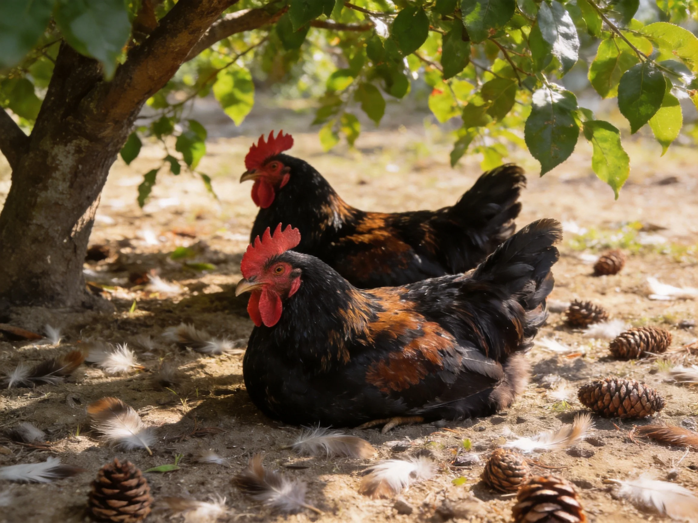 Two black and brown roosters rest under a tree with pinecones and feathers