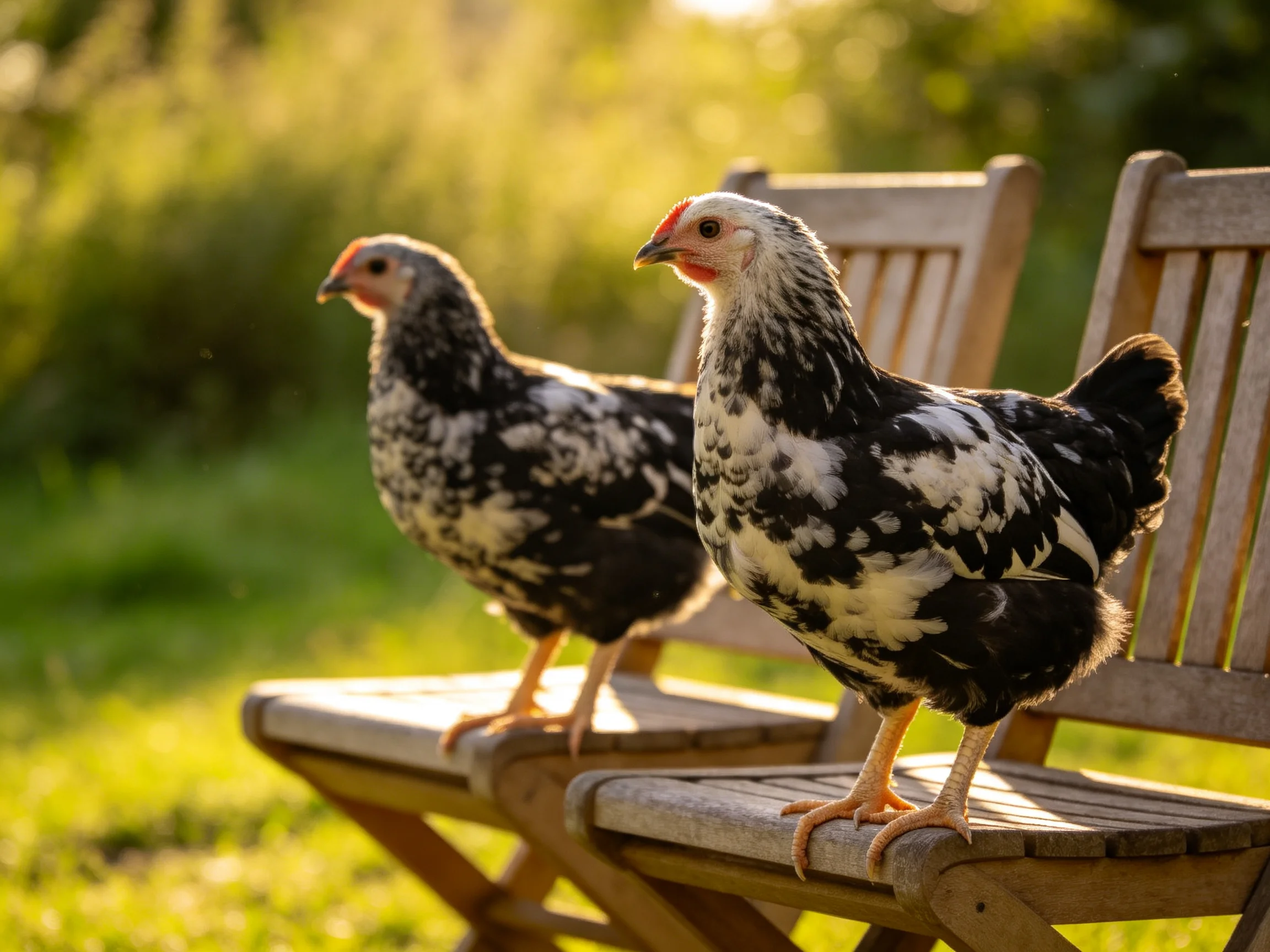 Two black and white chickens perch on wooden garden benches