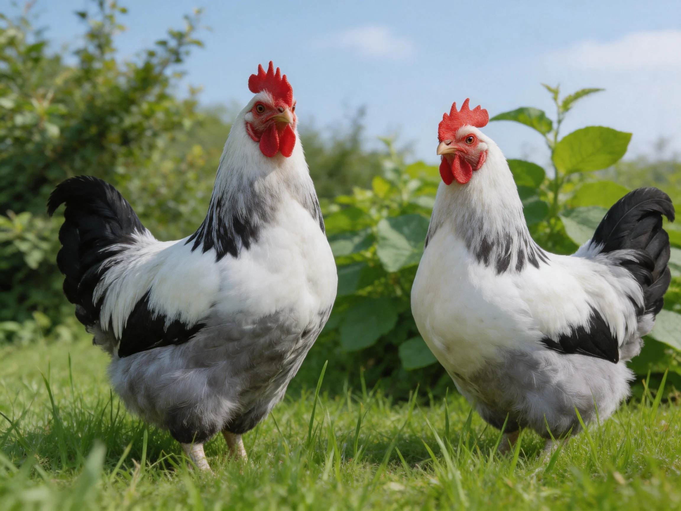 Two black-and-white roosters standing on green grass amid leafy vegetation