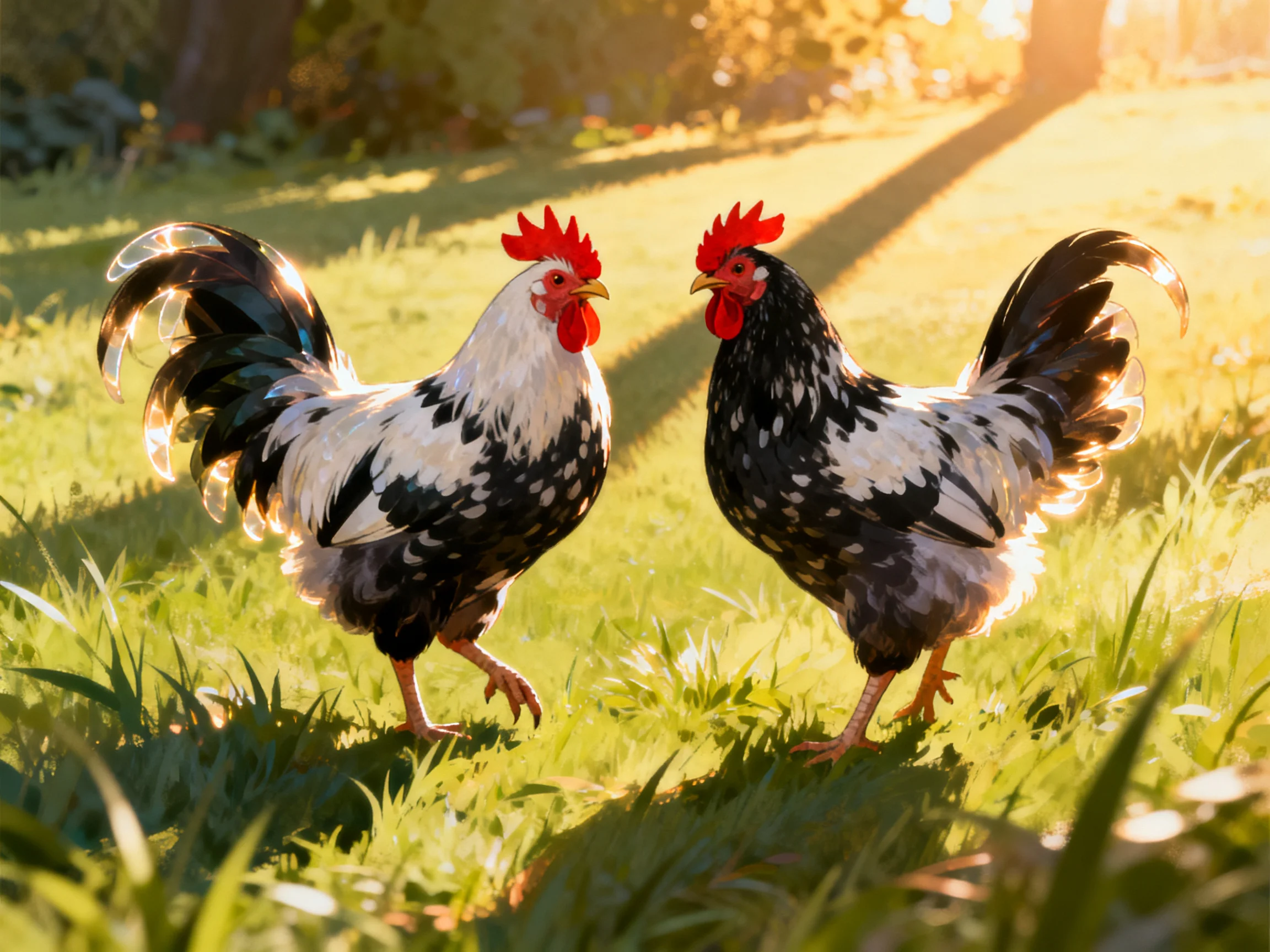 Two black-and-white roosters with bright red combs in a sunlit meadow