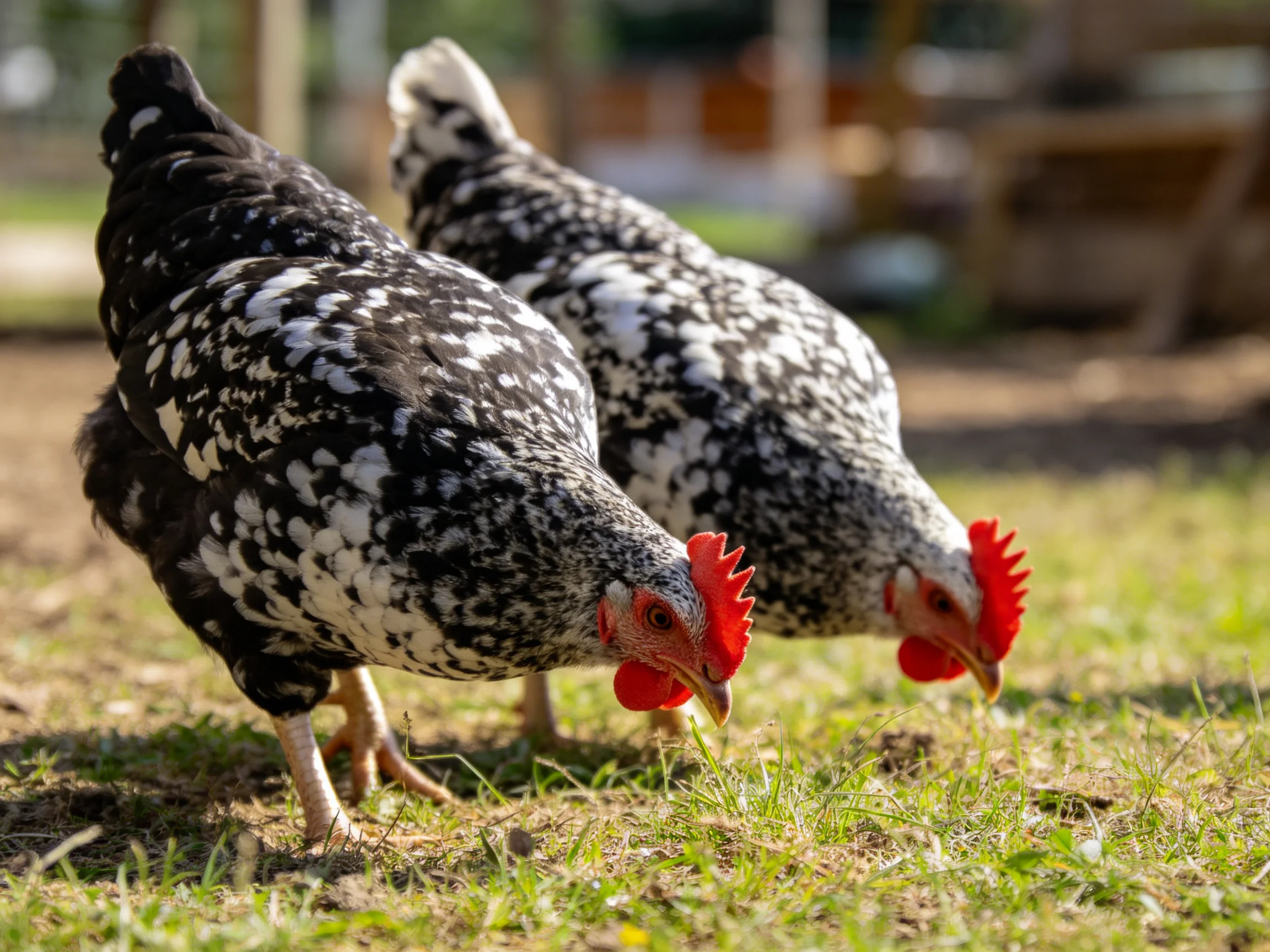 Two black and white speckled chickens foraging on green grass
