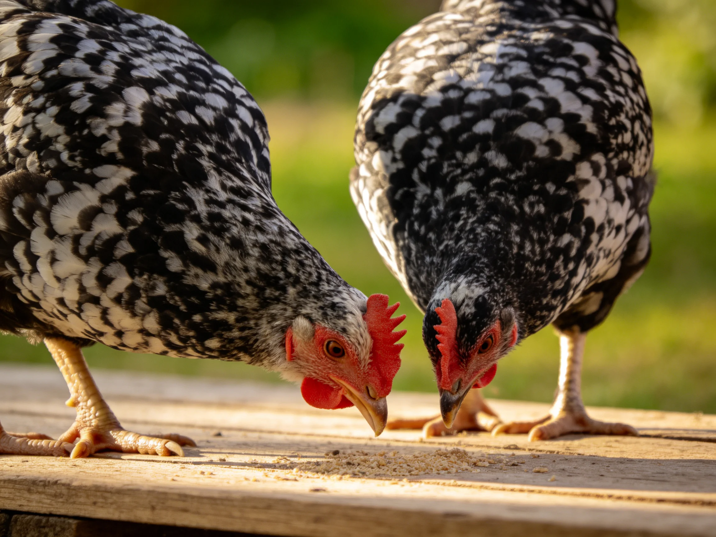 Two black-and-white speckled chickens pecking on a wooden board