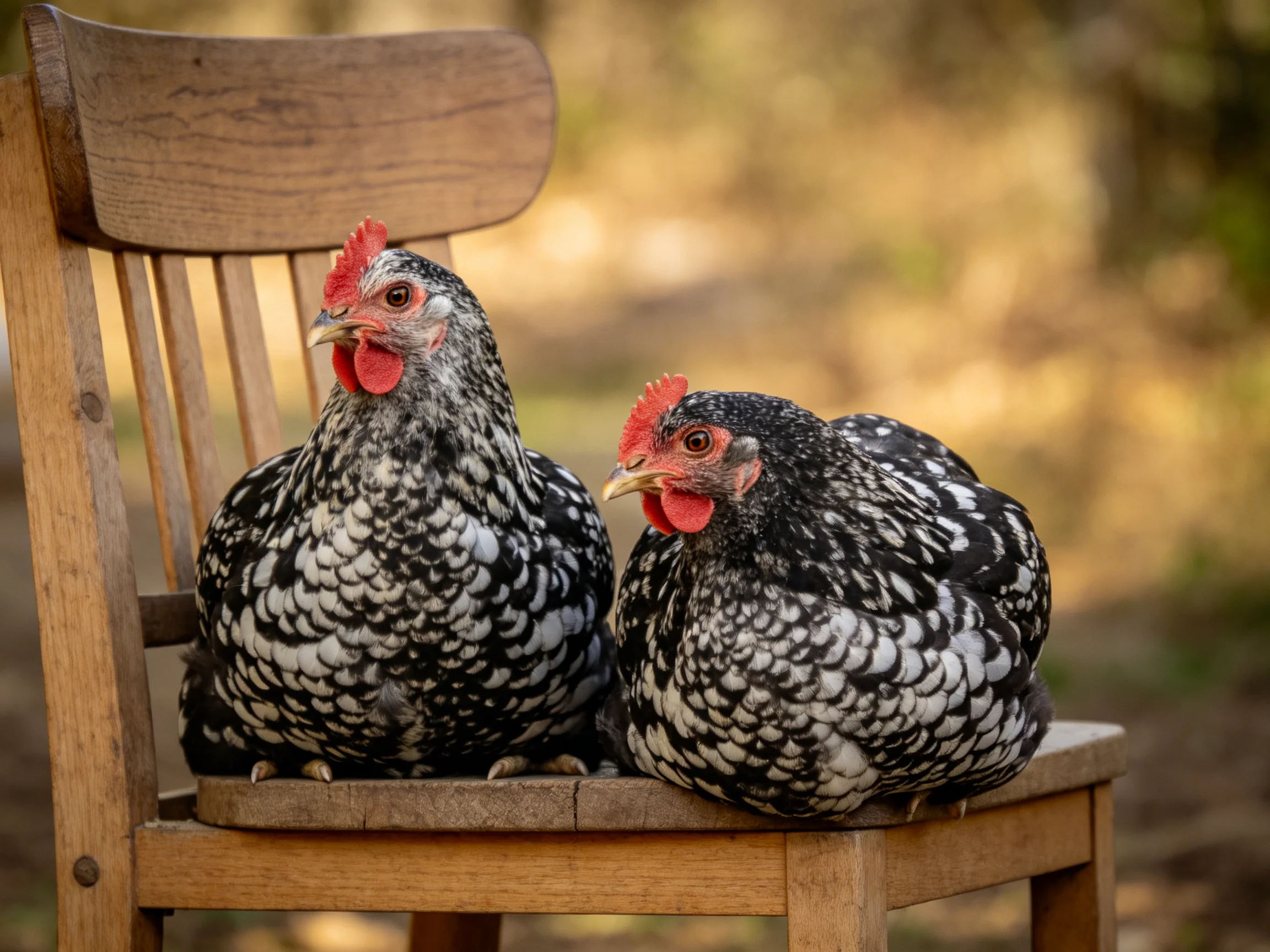 Two black and white speckled chickens sit on a wooden chair