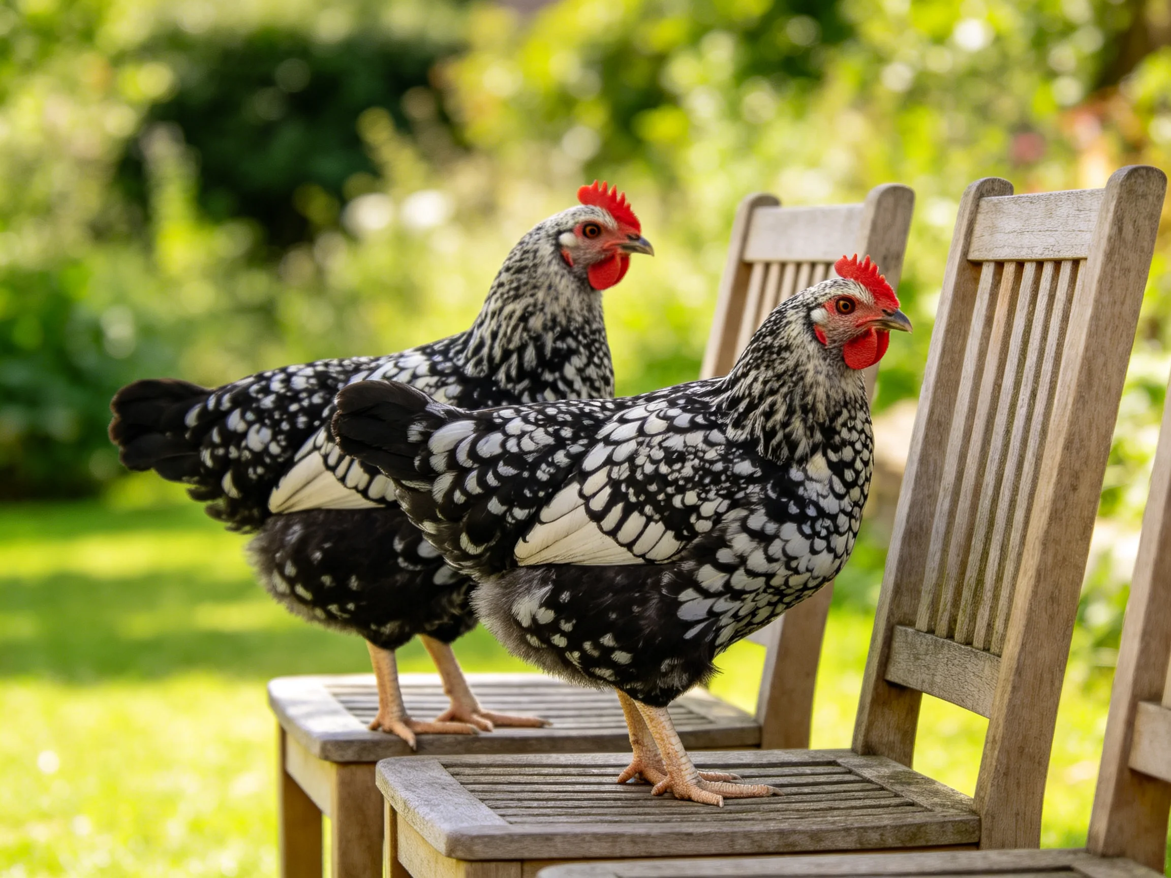 Two black and white speckled chickens stand on wooden garden chairs