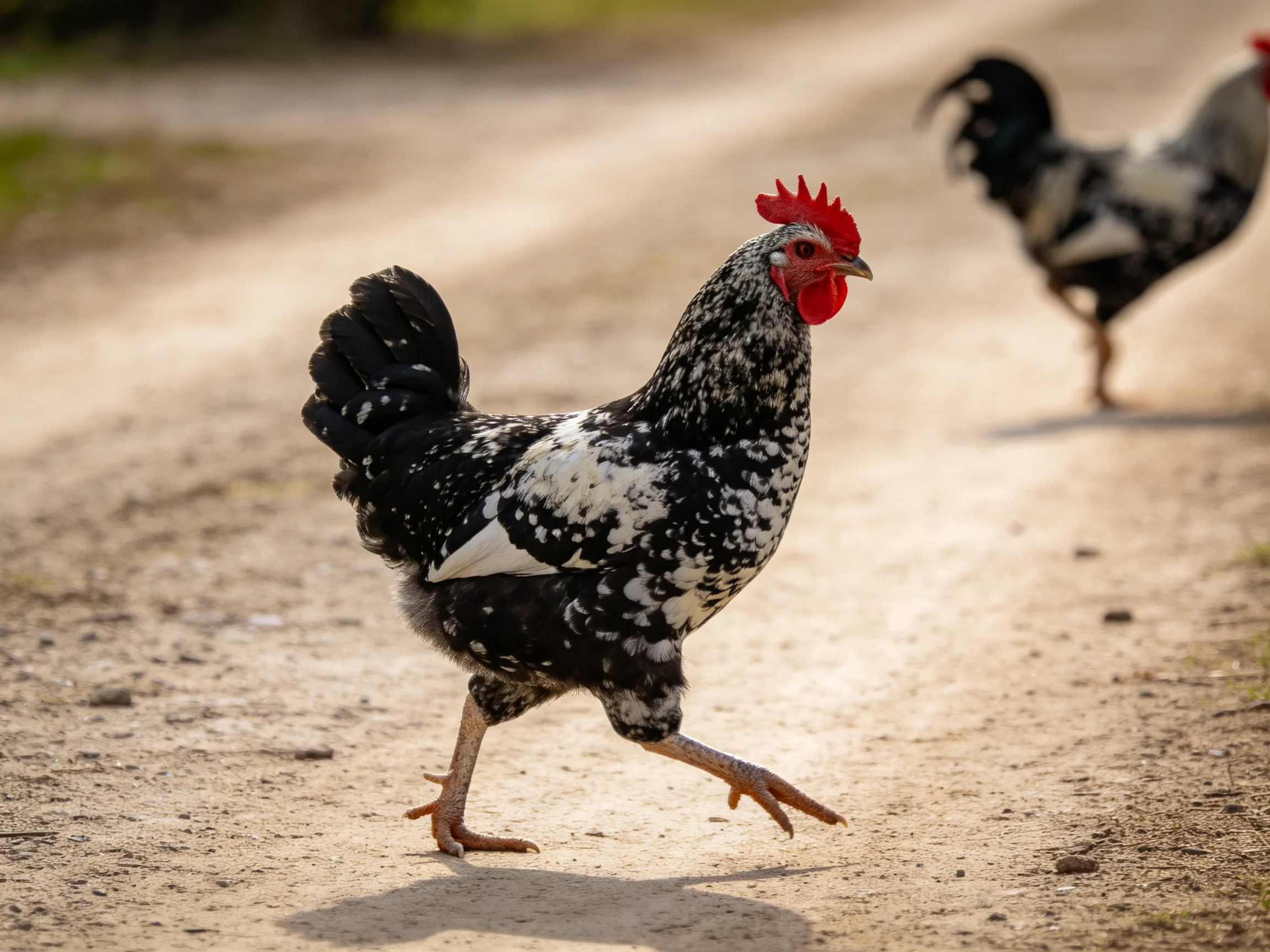 Two black and white speckled roosters walk along a dusty rural path
