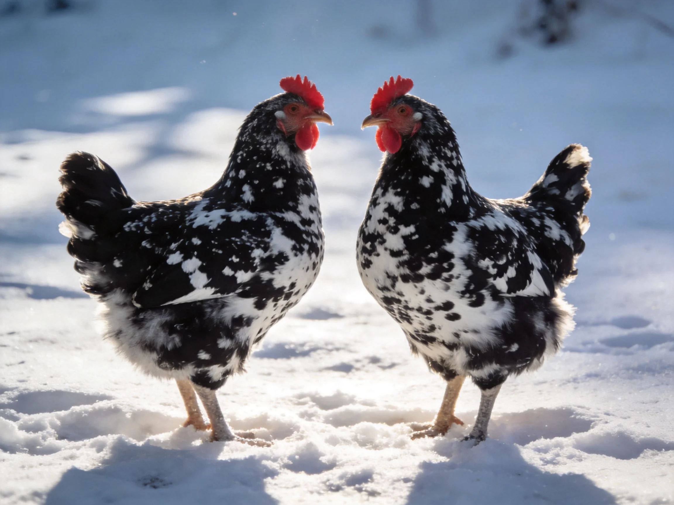 Two black and white spotted chickens face each other in snowy terrain